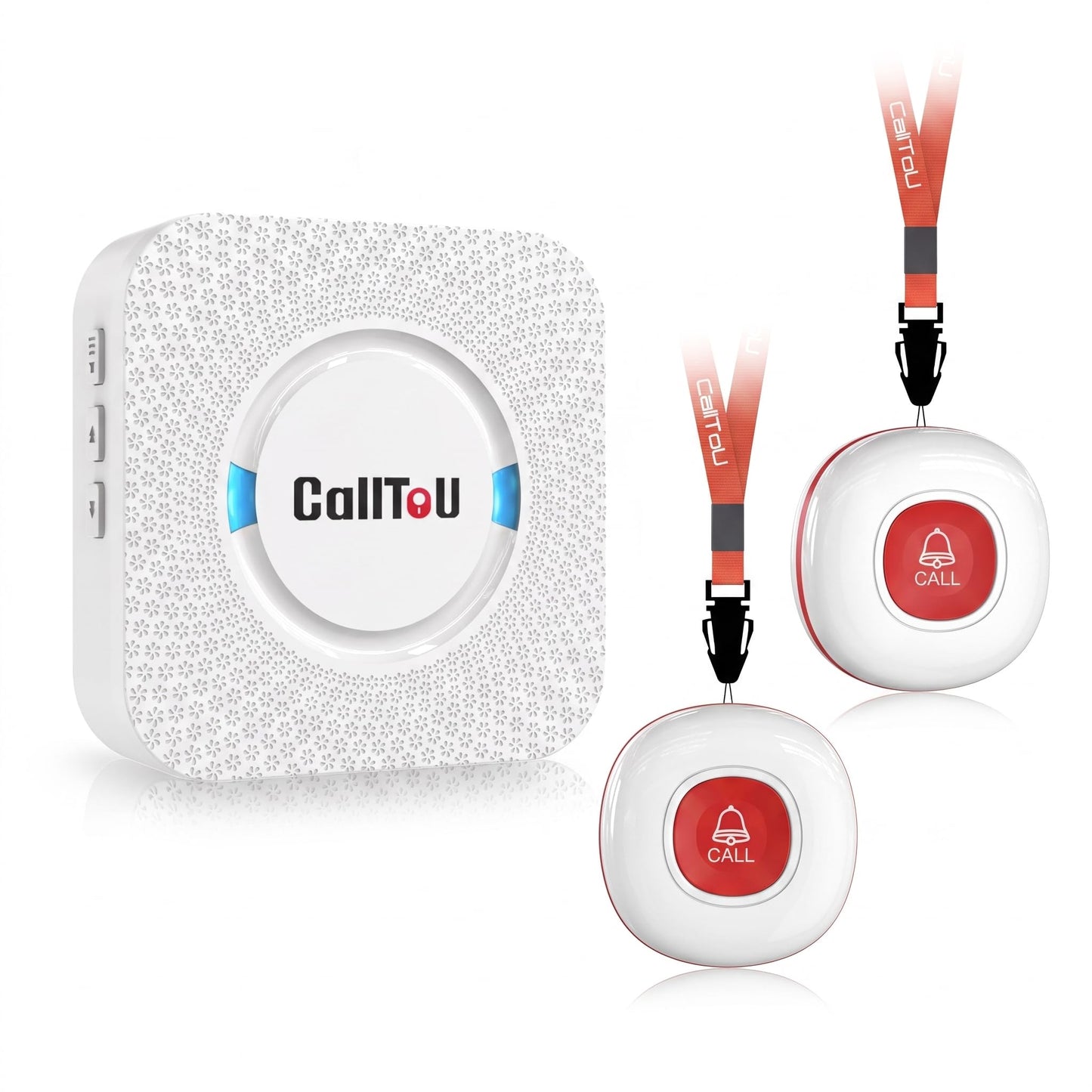 CallToU Wireless Caregiver Pager Smart Call System 2 SOS Call Buttons/Transmitters 2 Receivers Nurse Calling Alert Patient Help System for Home/Personal Attention Pager 500+Feet Plugin Receiver