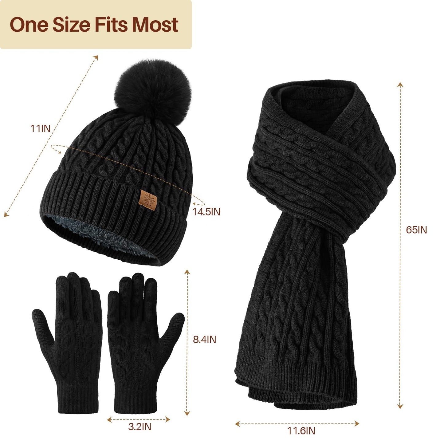 fauson Winter Hat Beanie Long Scarf Touchscreen Gloves Set, 3Pcs Fleece Lined Gloves Skull Cap Valentines Day Gifts for Her