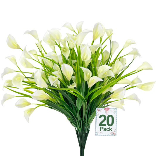 TURNMEON 20 Bundles Calla Lily (400 Heads) Artificial Flowers for Outdoors, Fake Plants UV Resistant Faux Plastic Fake Flowers for Indoor Planter Porch Gardens Home Summer Cemetery Decor(Color Mix)