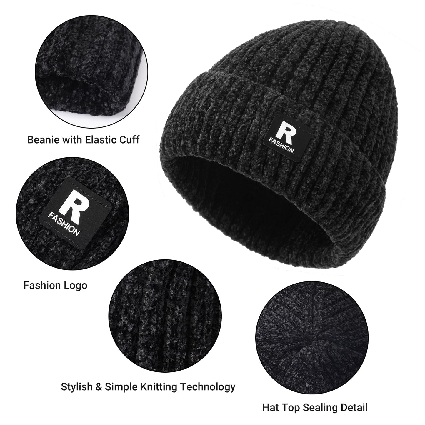 Winter Beanie Hat Circle Scarf Gloves Set for Men Women, Thick Warm Chenille Skull Cap Touchscreen Gloves Neck Warmer
