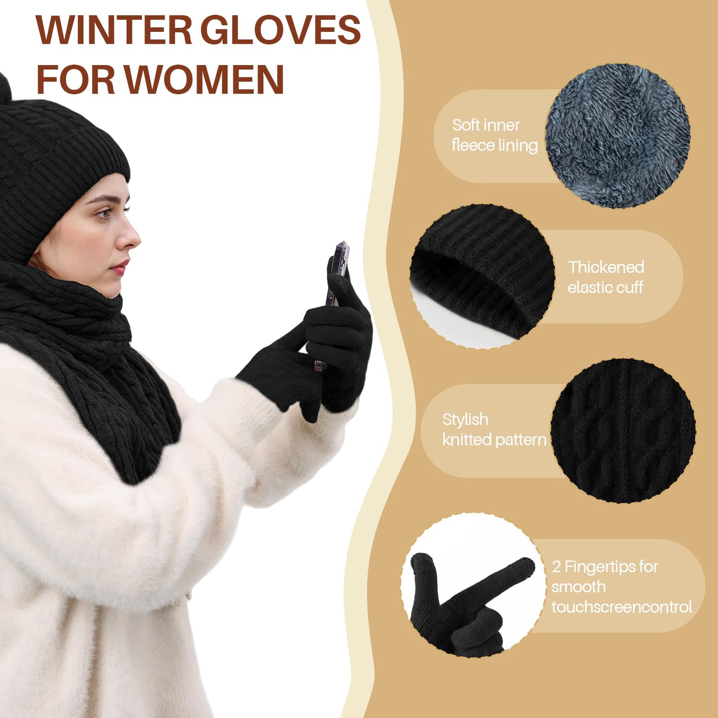 fauson Winter Hat Beanie Long Scarf Touchscreen Gloves Set, 3Pcs Fleece Lined Gloves Skull Cap Valentines Day Gifts for Her