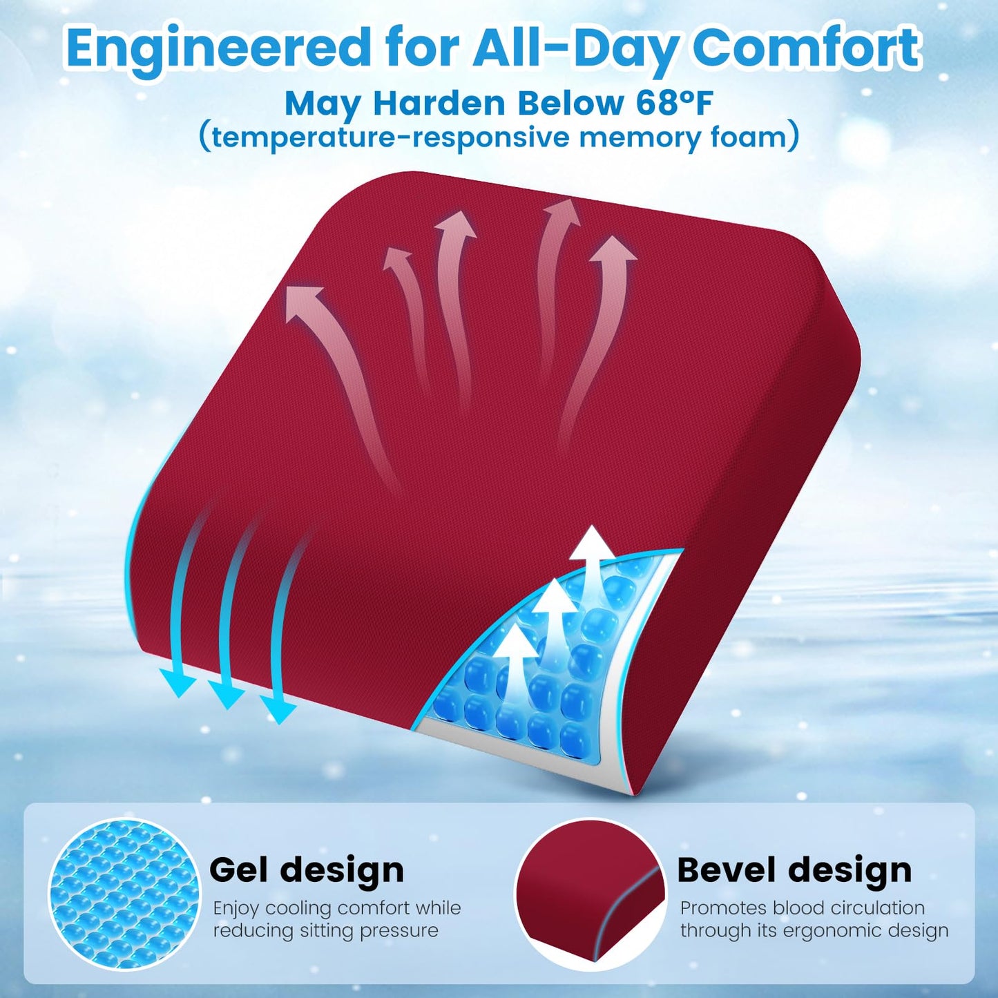 Wheelchair Seat Cushion for Pressure Relief, Cooling Gel Memory Foam Chair Cushion with Slope-Edge Design, Coccyx Support for Tailbone Pain, Non-Slip, for Wheelchairs, Office Chairs & Car Seats
