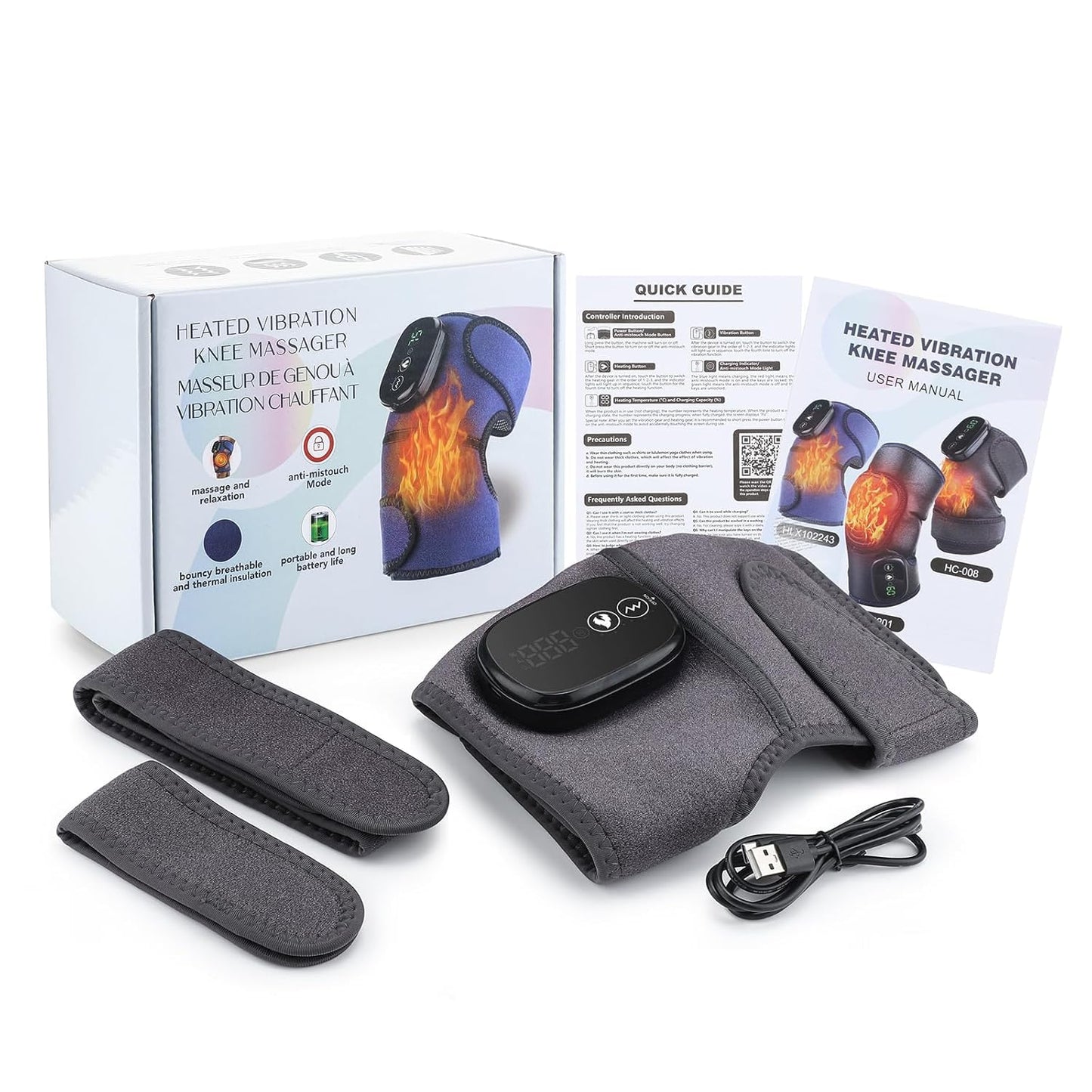 Cordless Heated Knee Massager, FSA Eligible 3-in-1 Wearable Wrap for Knee, Elbow and Shoulder, Rechargeable Heat and Vibration Massager, 6 Heat Levels, 3 Massage Modes