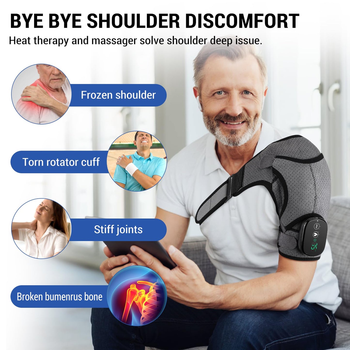 Heated Shoulder Wrap with Massage, Shoulder Heating Pad for Rotator Cuff Frozen Shoulder, Cordless Shoulder Heating Pads Shoulder Massager with Heat