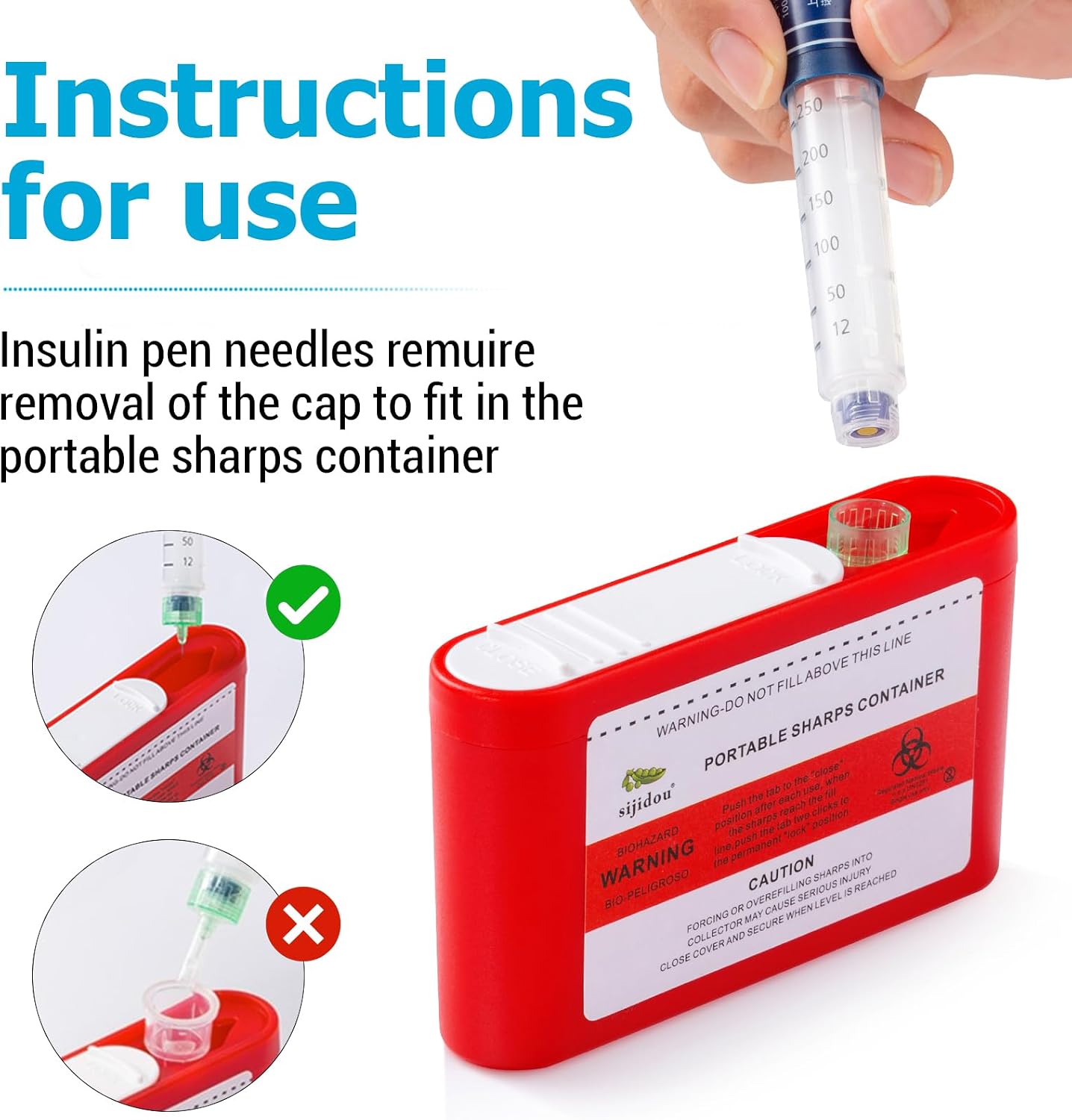 sijidou Portable Insulin Pen and Needle Travel Case, Holds 1 Insulin Pen, 3 Needles and 1 Insulin Cartridge, with 2 Pack Pocket Sharps Container, Keep Diabetic Supply Organizer & Safe