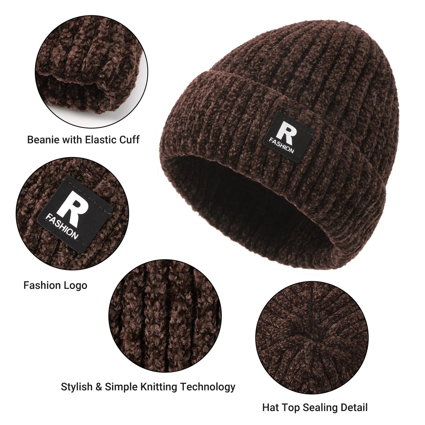 Winter Beanie Hat Circle Scarf Gloves Set for Men Women, Thick Warm Chenille Skull Cap Touchscreen Gloves Neck Warmer