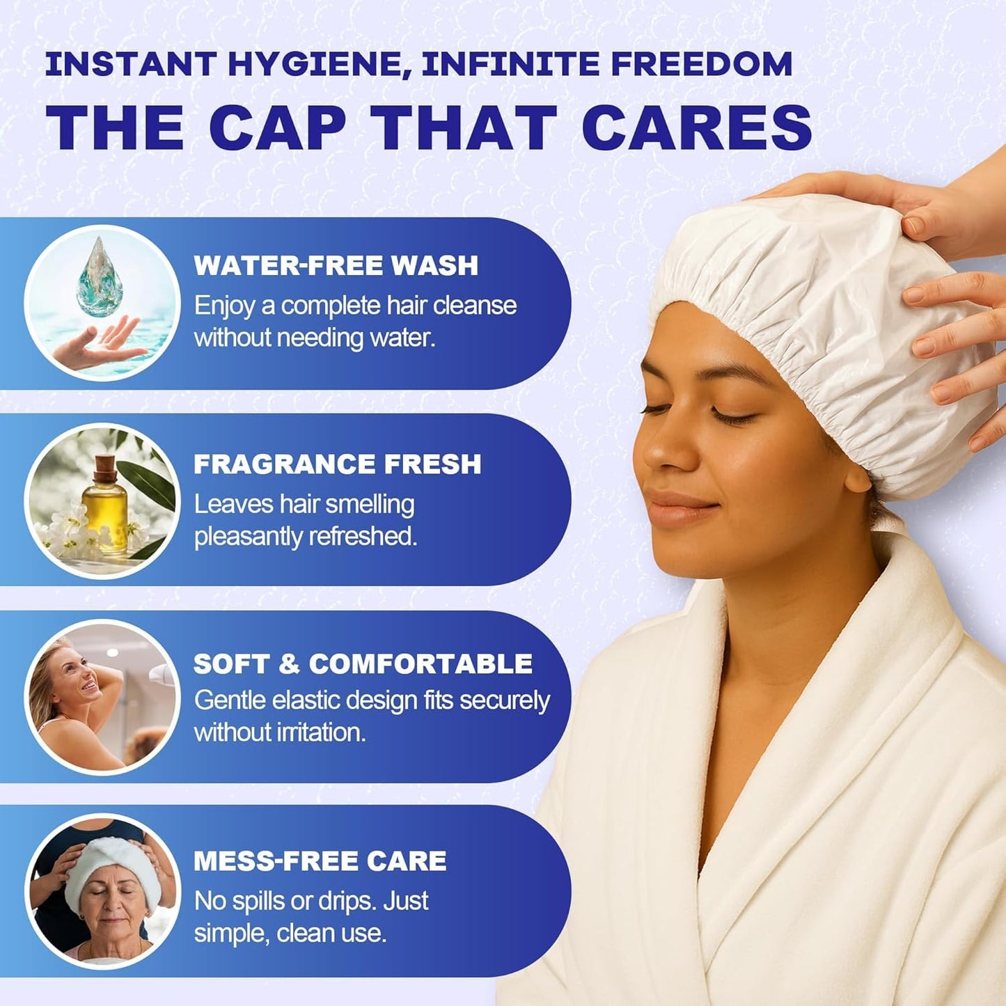 MedVance No Rinse Shampoo Cap, Rinse Free Shower Cap that Shampoos & Conditions, Elderly Care Products, Bedridden Patients, PH Balanced & Hypoallergenic, 3 Pack