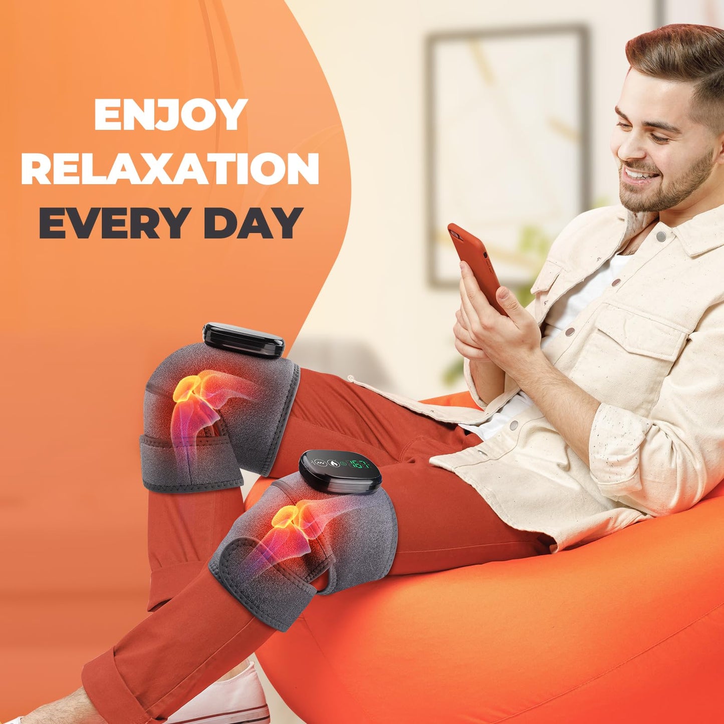 Cordless Heated Knee Massager, FSA Eligible 3-in-1 Wearable Wrap for Knee, Elbow and Shoulder, Rechargeable Heat and Vibration Massager, 6 Heat Levels, 3 Massage Modes