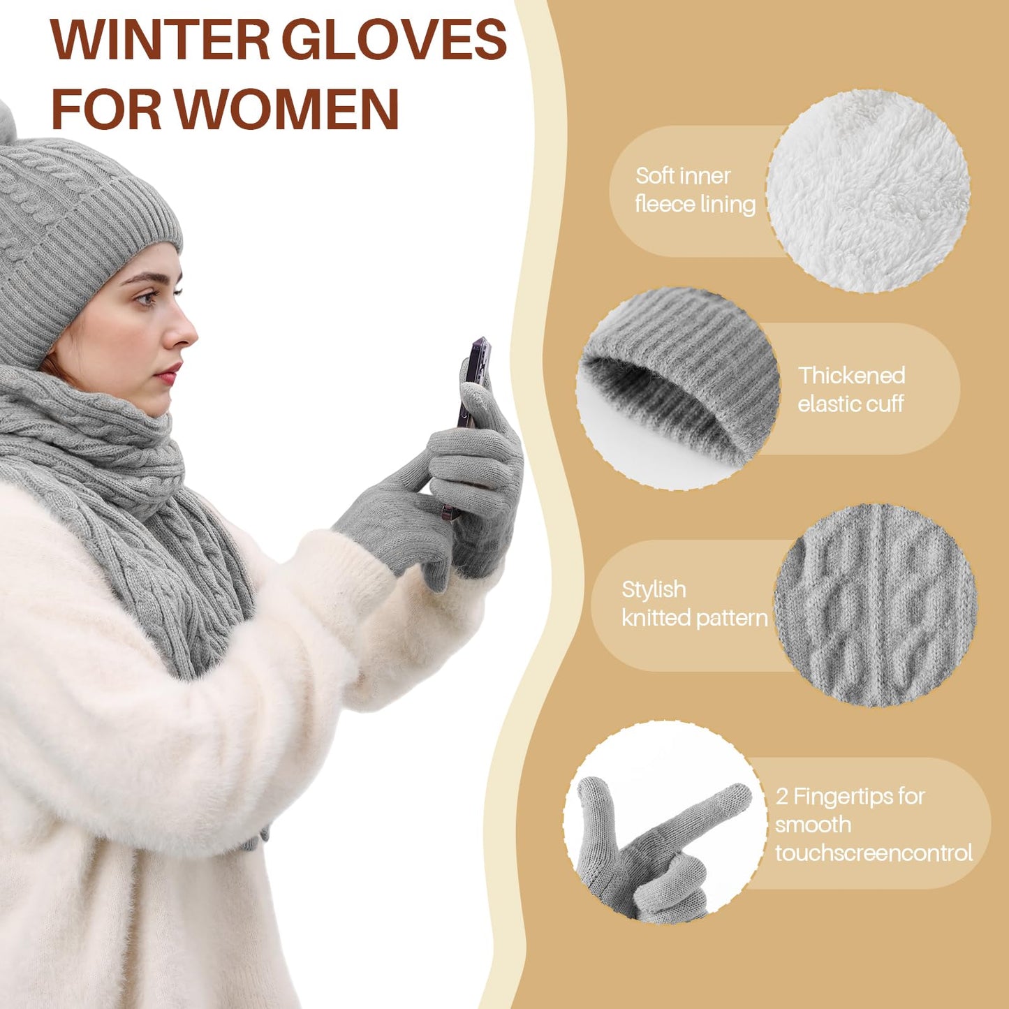 fauson Winter Hat Beanie Long Scarf Touchscreen Gloves Set, 3Pcs Fleece Lined Gloves Skull Cap Valentines Day Gifts for Her