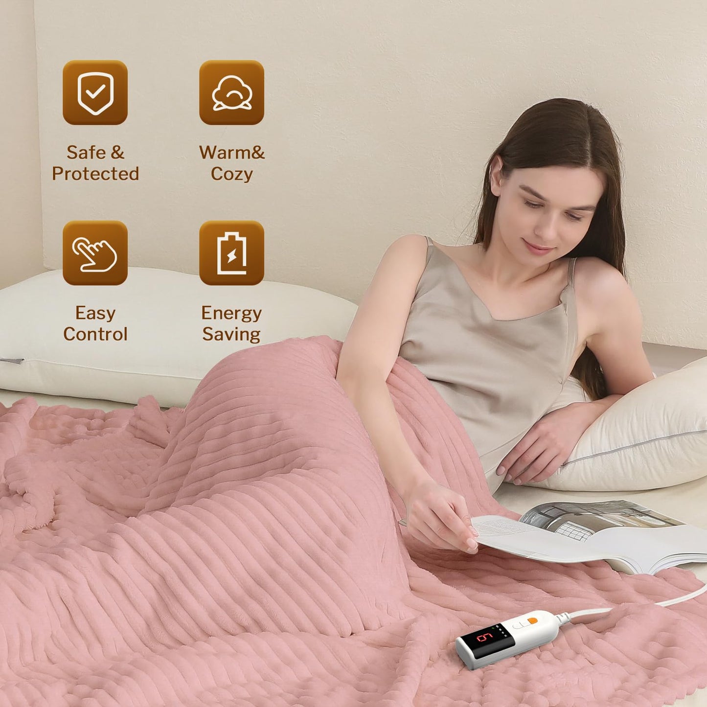 Reaks Electric Heated Throw Blanket, Silky Soft Flannel & Sherpa Heating Blanket Throw with 5 Heat Levels & 3 Hours Auto Off, Warm Gifts for Women Mom Grandma, ETL Certified (50x60 inches, White)