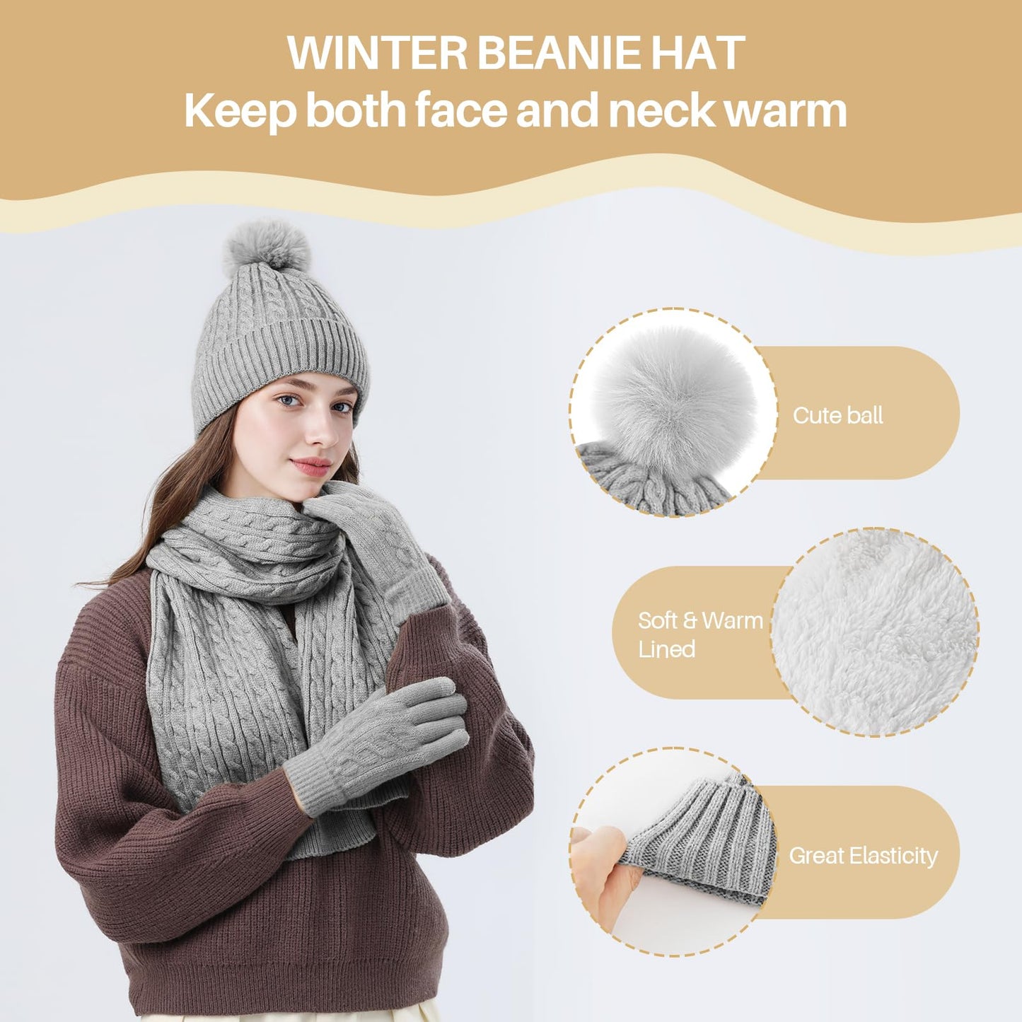 fauson Winter Hat Beanie Long Scarf Touchscreen Gloves Set, 3Pcs Fleece Lined Gloves Skull Cap Valentines Day Gifts for Her