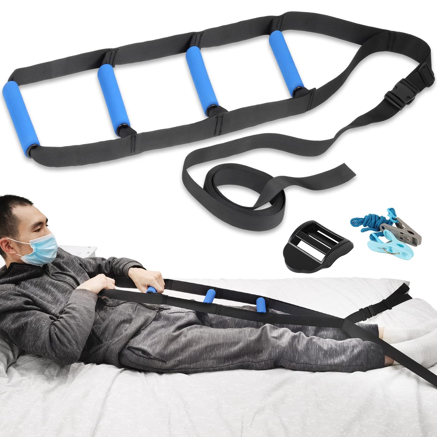 Bed Ladder Assist,Pull up Helper and Sit up Helper 4 Handle Grips,Bed Rail Assistance Devices Adjustable Length Bed Lift for Most Beds Mobility Aid for Elderly, Handicapped,Injured (95 INCHES)