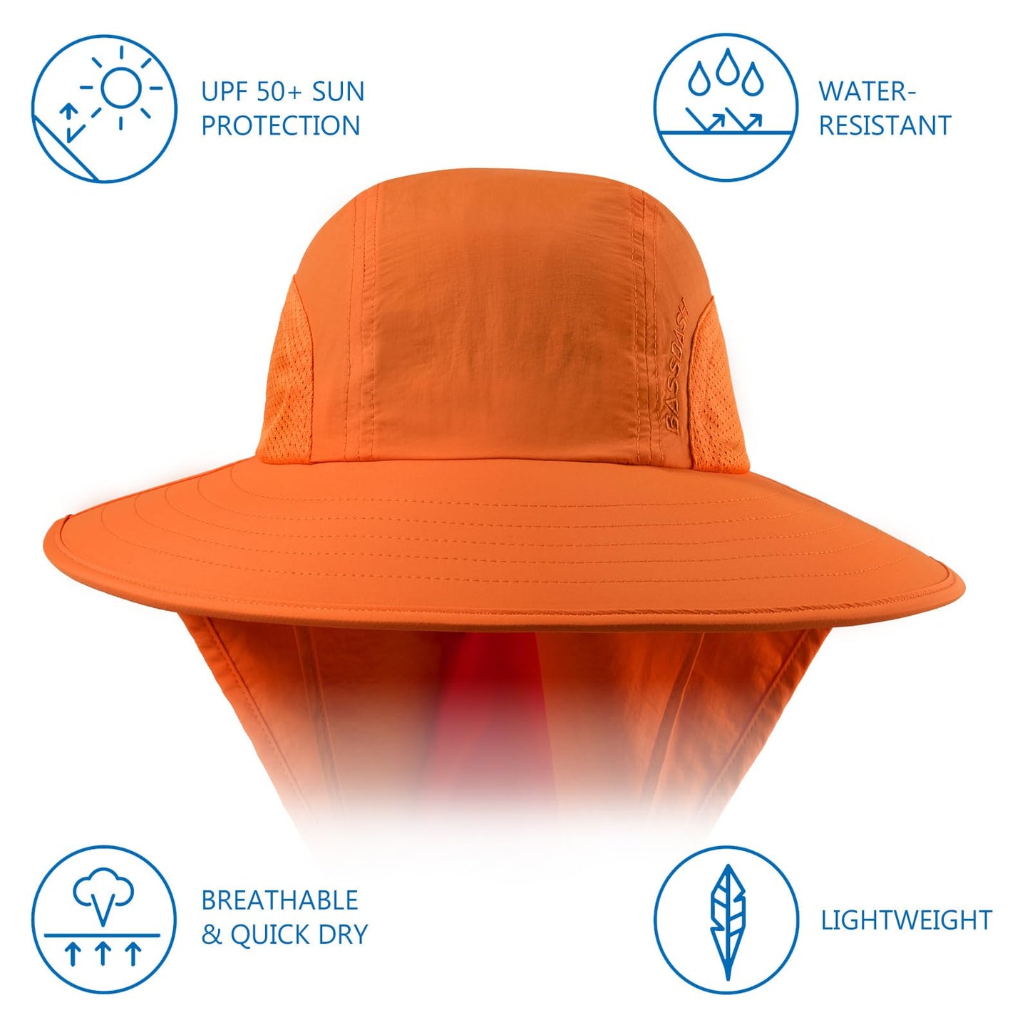 BASSDASH UPF 50+ Unisex Water Resistant Wide Brim Sun Hat with Large Neck Flap Ponytail Fishing Hat for Men Women