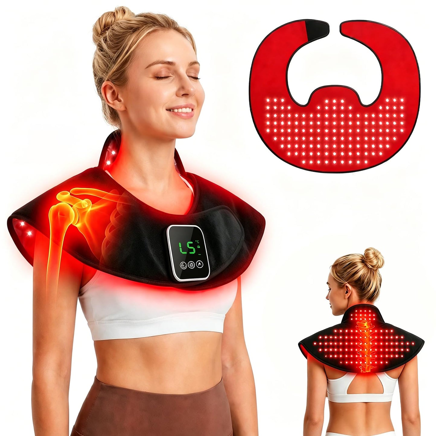 Cordless Red Light Therapy for Shoulder Neck Pain Relief, 660nm & 850nm NIR LED Infrared Light for Upper Back Muscle with 100 Bead, Timer, RC, 5 Lightness & 3 Temp. Modes for Home Travel (Black)