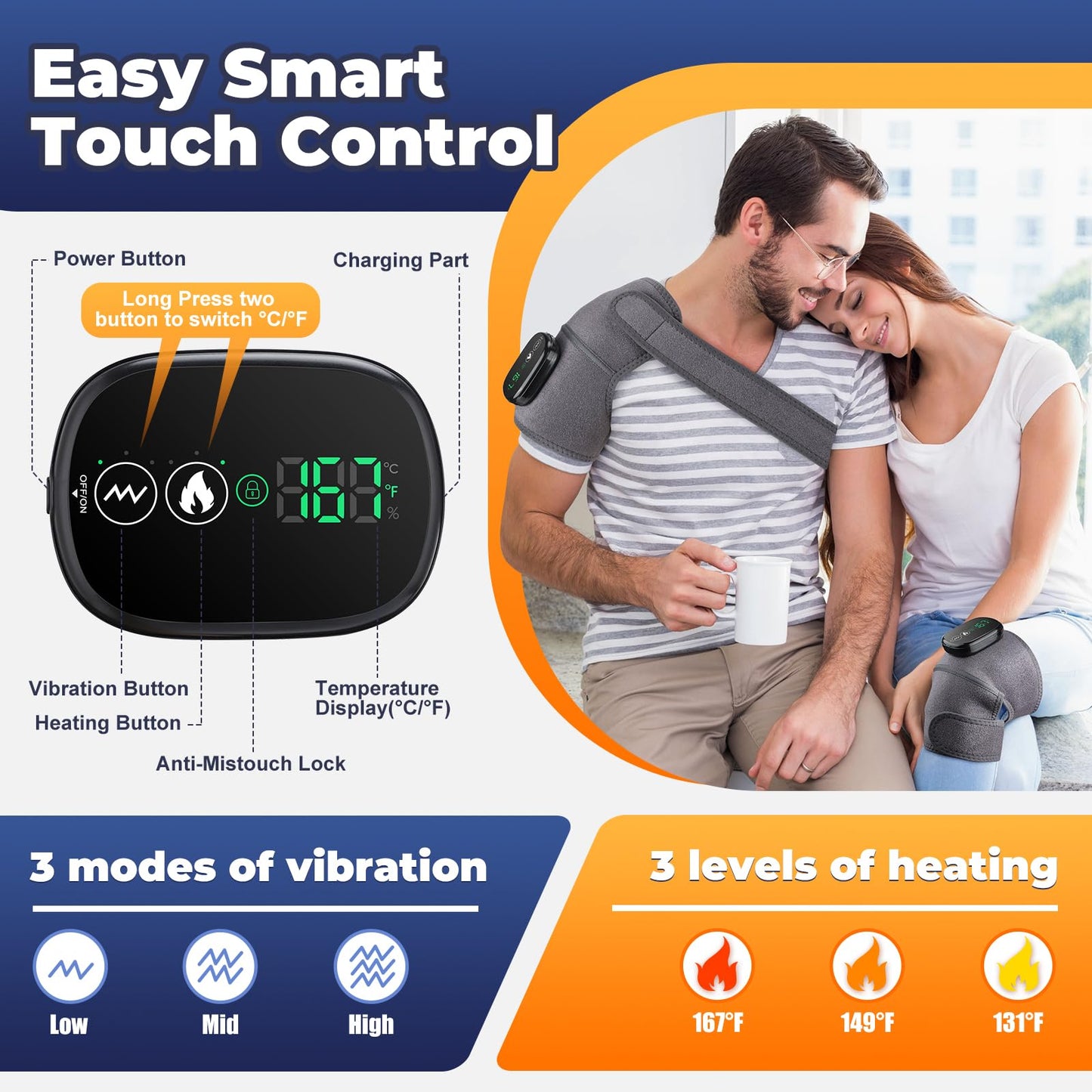 Cordless Heated Knee Massager, FSA Eligible 3-in-1 Wearable Wrap for Knee, Elbow and Shoulder, Rechargeable Heat and Vibration Massager, 6 Heat Levels, 3 Massage Modes