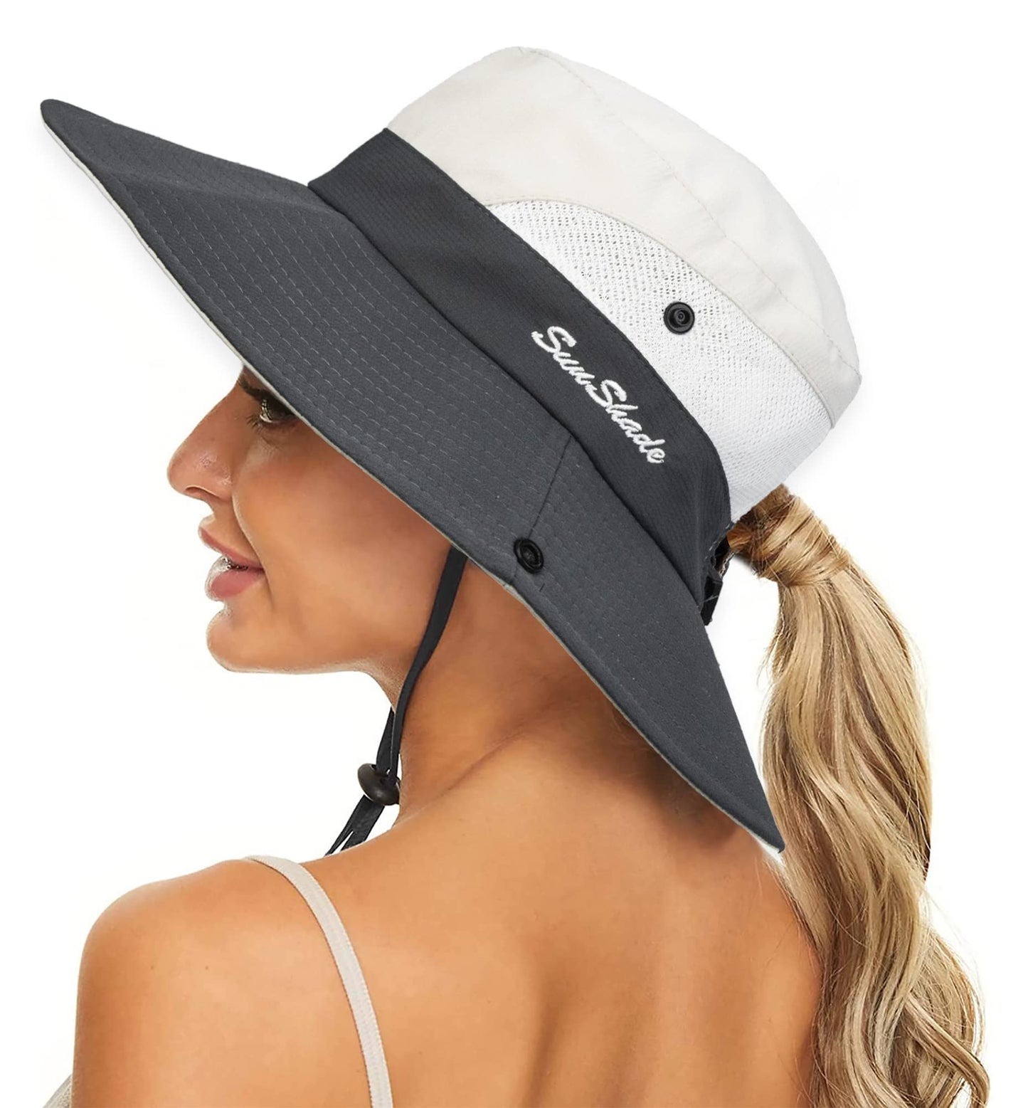 Women's Summer Sun-Hat Ponytail - Outdoor UV-Protection Mesh Wide Brim Foldable Hat with Ponytail Hole