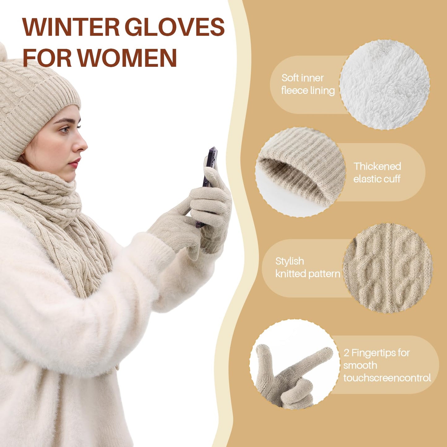 fauson Winter Hat Beanie Long Scarf Touchscreen Gloves Set, 3Pcs Fleece Lined Gloves Skull Cap Valentines Day Gifts for Her