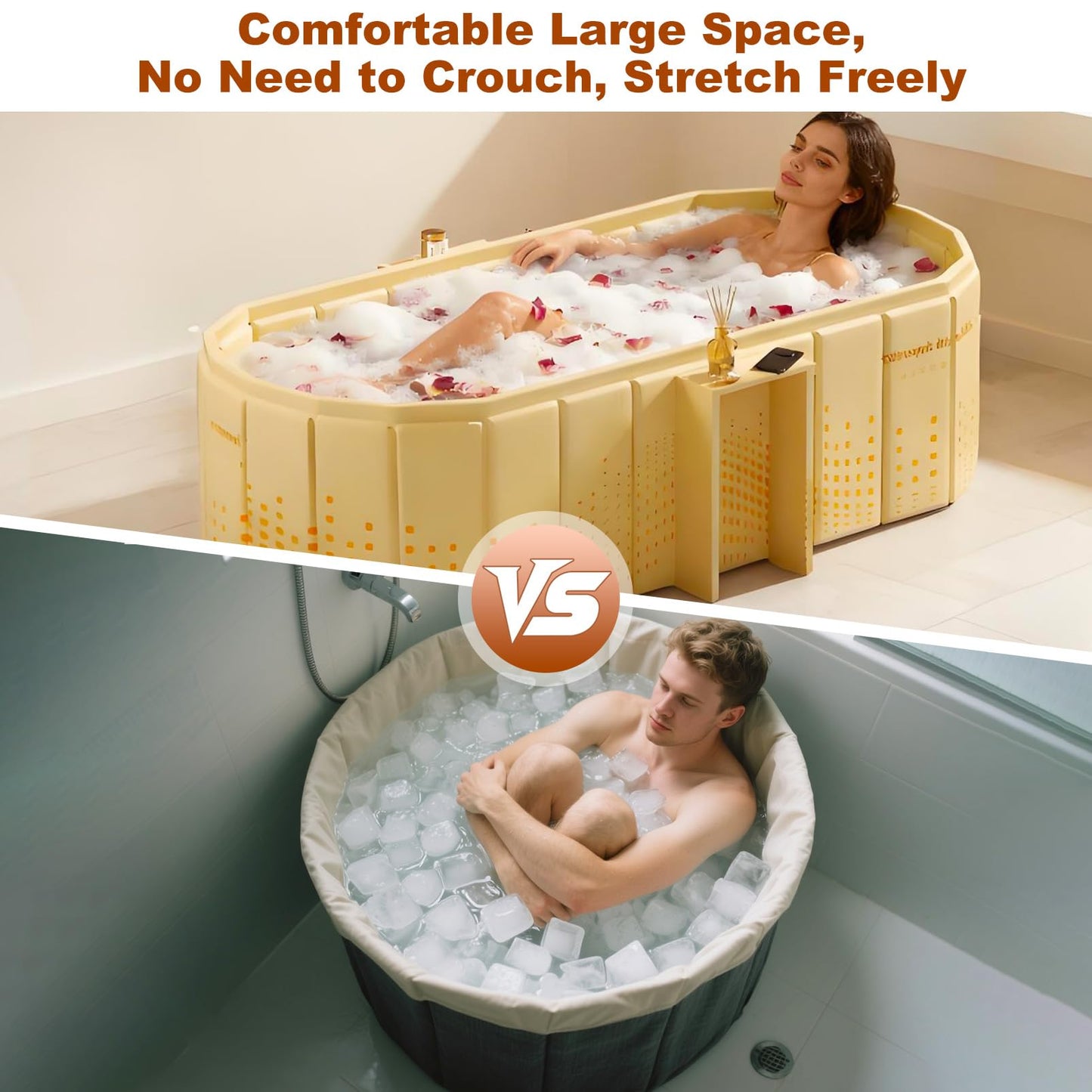 Portable Bathtub for Adult 59" Large Collapsible Cold Plunge Bathtub Foldable No Installation Ice Bath Tub for Shower Stall, Bathroom Hot SPA Soaking Standing Tub