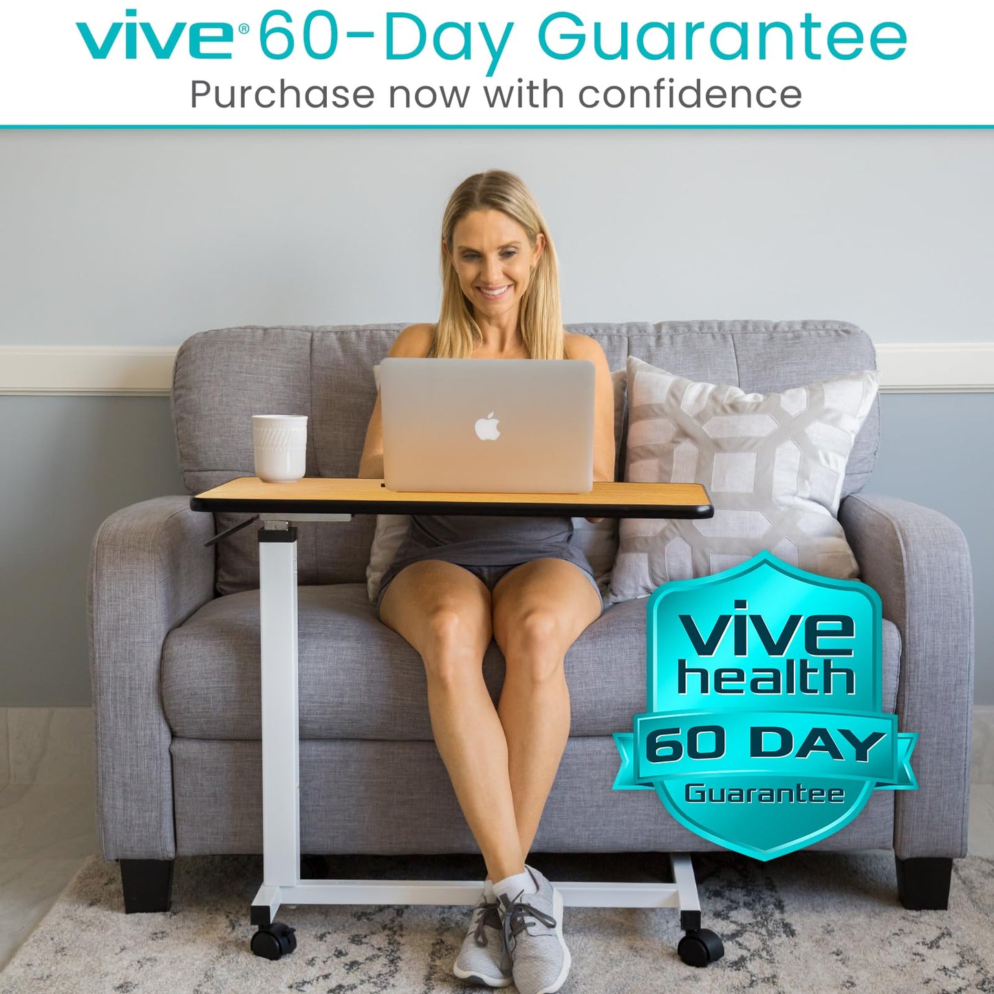 Vive Overbed Hospital Bed Table for Home Use - Adjustable Swivel Wheels & Tray for Over Bed - for Medical Bedside Chair - Adjustable Height, Tilt Top for Reading, Laptop, Bedridden, Elderly, Seniors