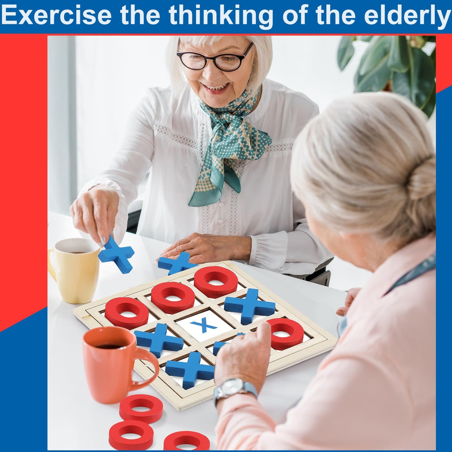 Seenelling Jumbo Wooden Tic Tac Toe Game Dementia Activities for Alzheimers Seniors with Matching and Puzzle Templates XO Chess Board Game for Elderly Engaging Table Decor(Blue, Red)