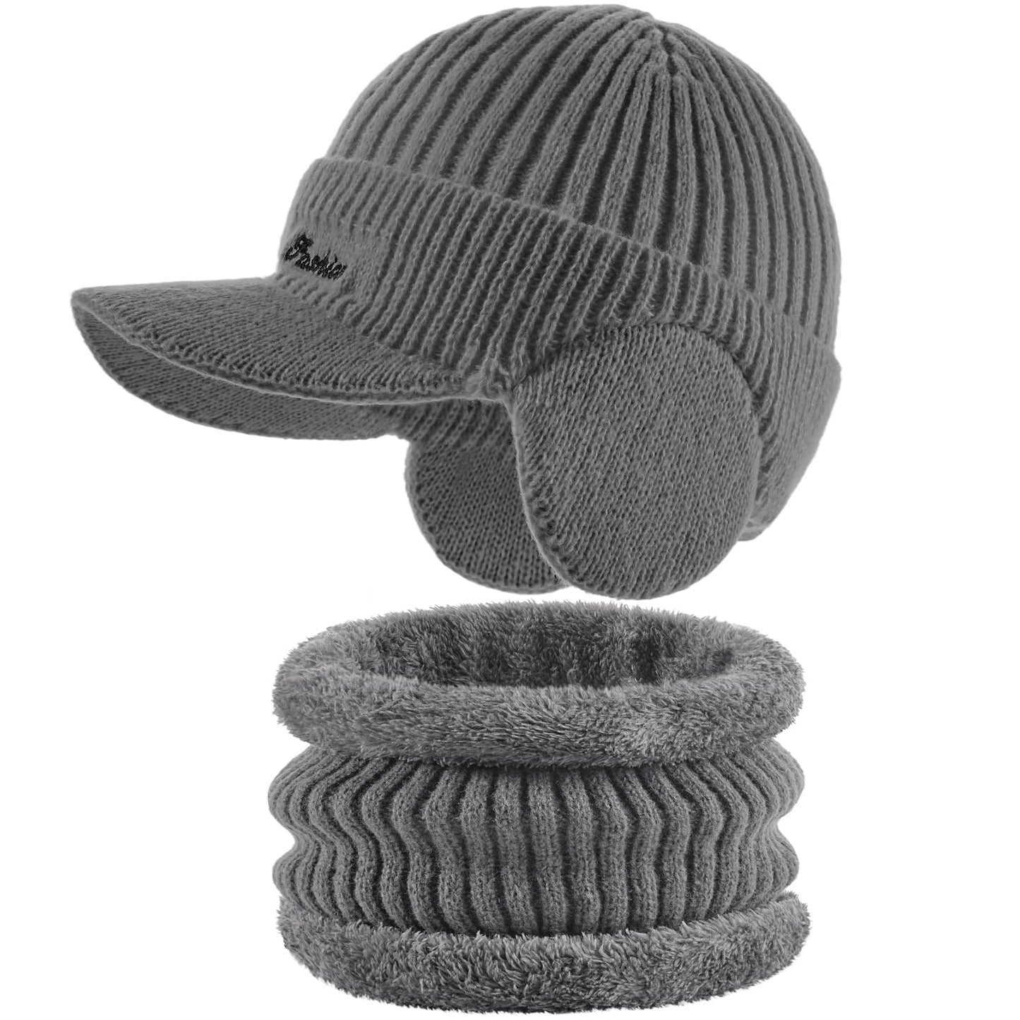 Winter Hat with Ear Flaps for Men, Beanie with Brim Hat Scarf Set, Warm Fleece Lined Skull Cap Neck Warmer for Women