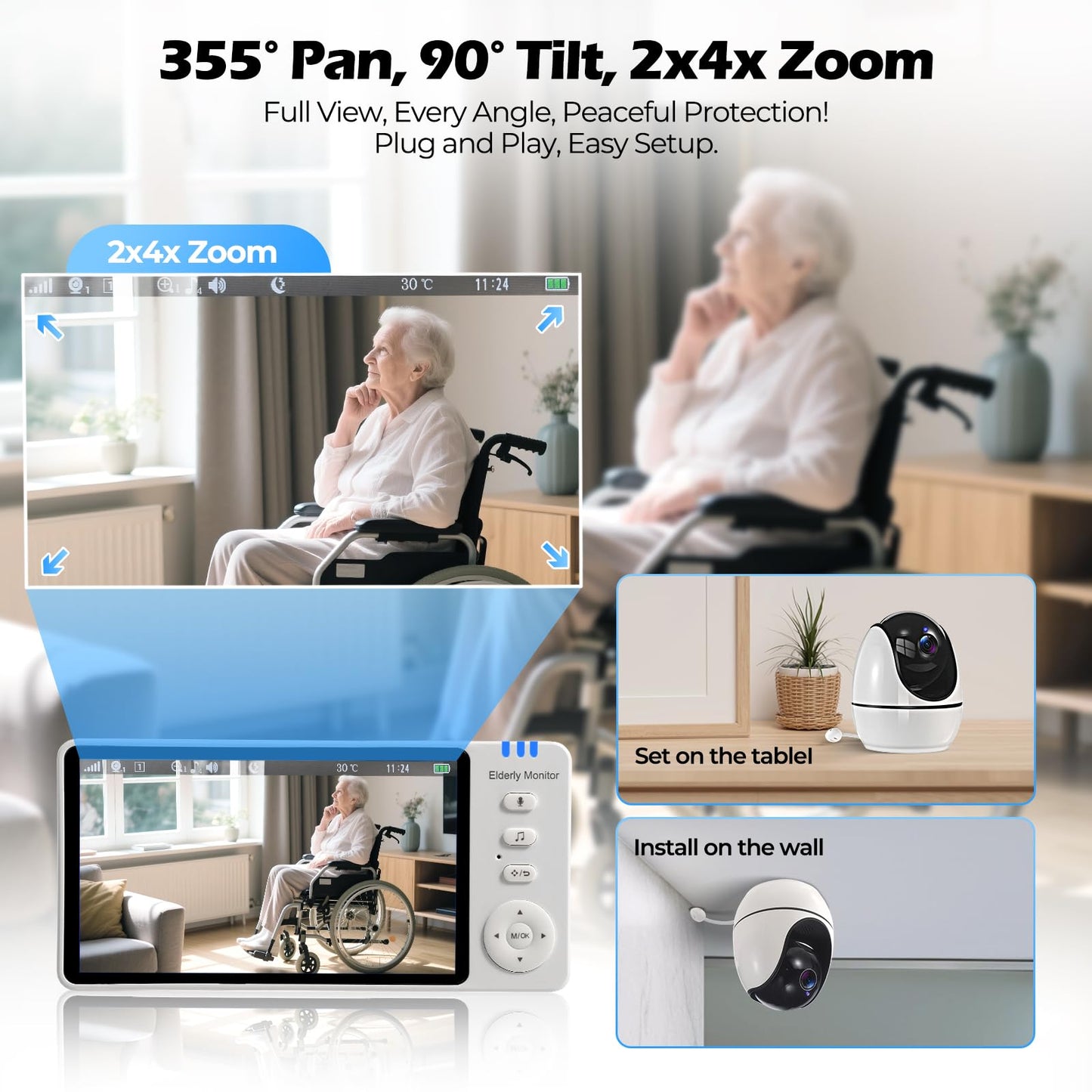 Elderly Monitor with Camera and Audio, Two-Way Talk Baby Monitors for Elderly Care, Call Button, Med Reminder Camera for Elderly Monitoring, for Seniors, Dementia Patients (No WiFi)