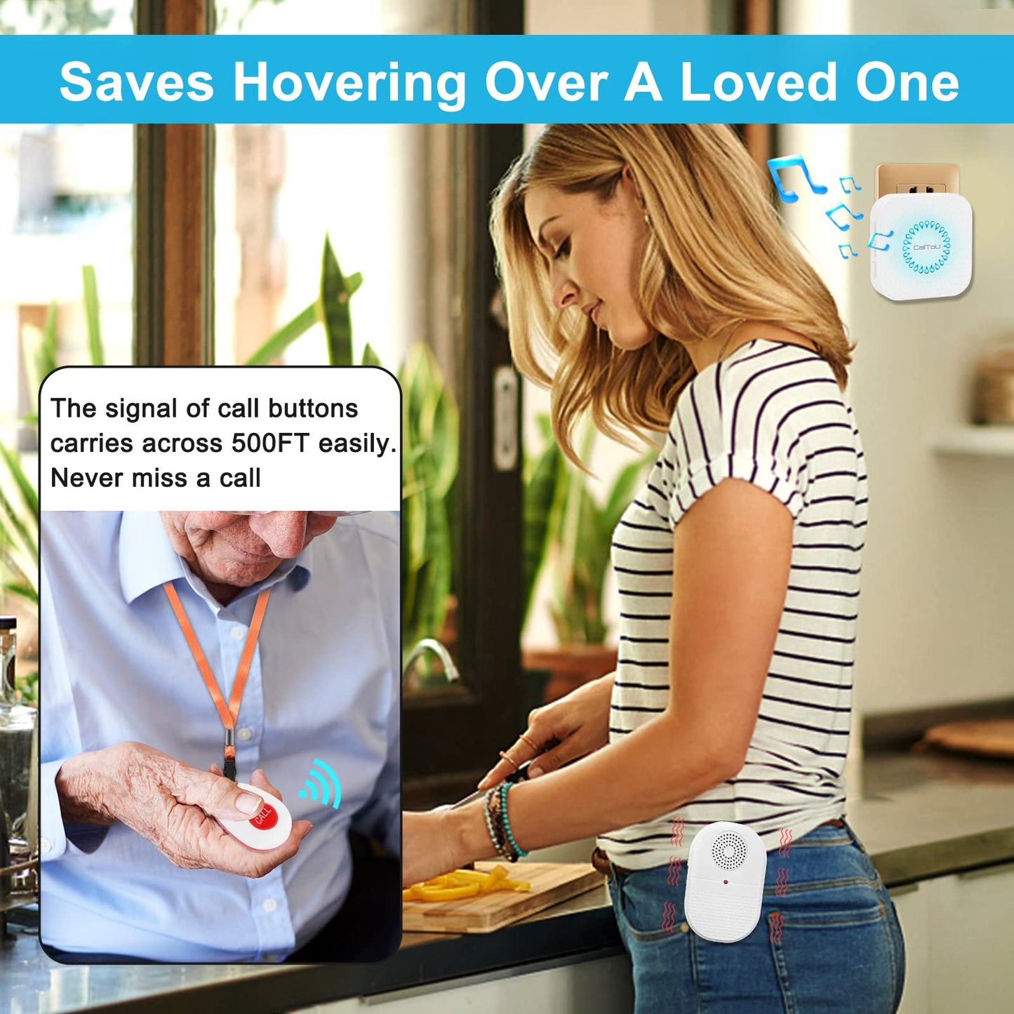 CallToU Wireless Caregiver Pager Waterproof Call Button Vibration Call Bell for Elderly at Home Disabled Patient Elderly Monitoring Nurse Calling 2 SOS Panic Buttons/Transmitters 500FT 2 Receivers
