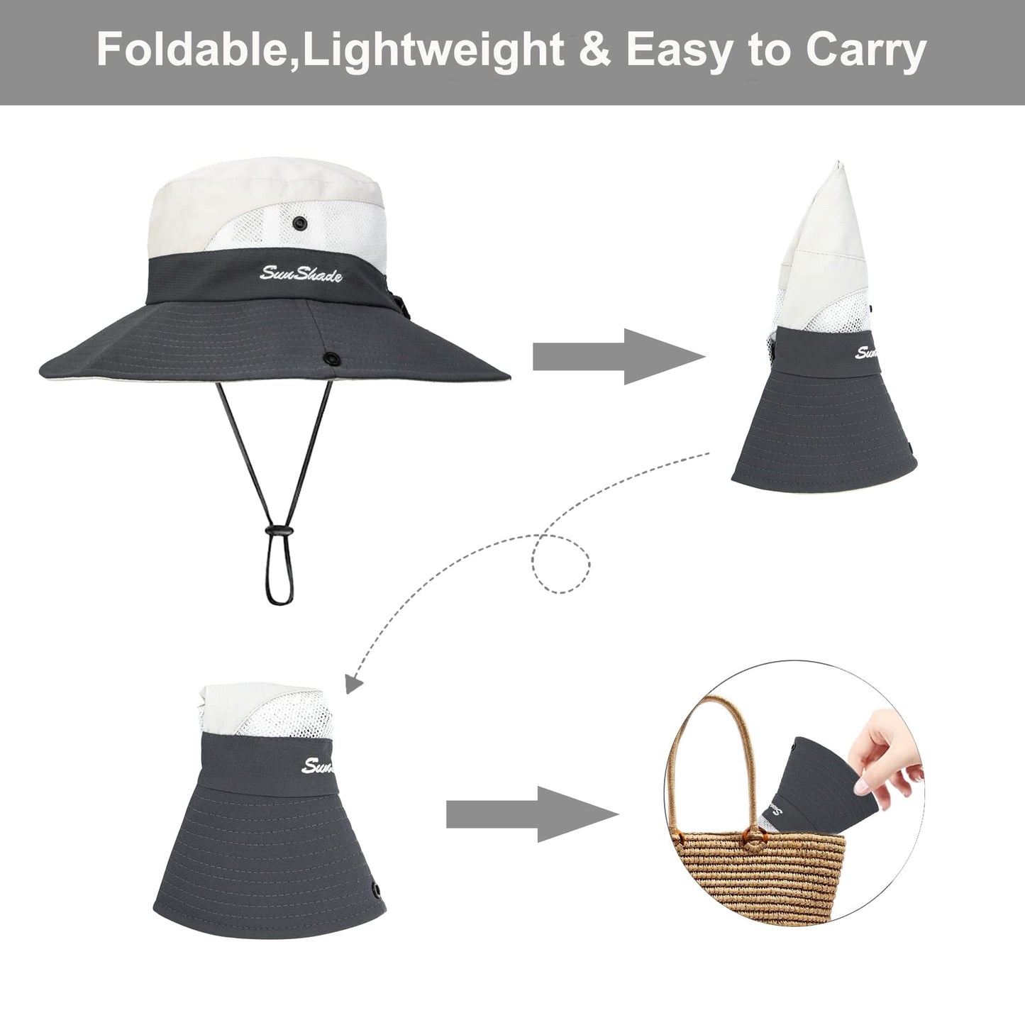 Women's Summer Sun-Hat Ponytail - Outdoor UV-Protection Mesh Wide Brim Foldable Hat with Ponytail Hole