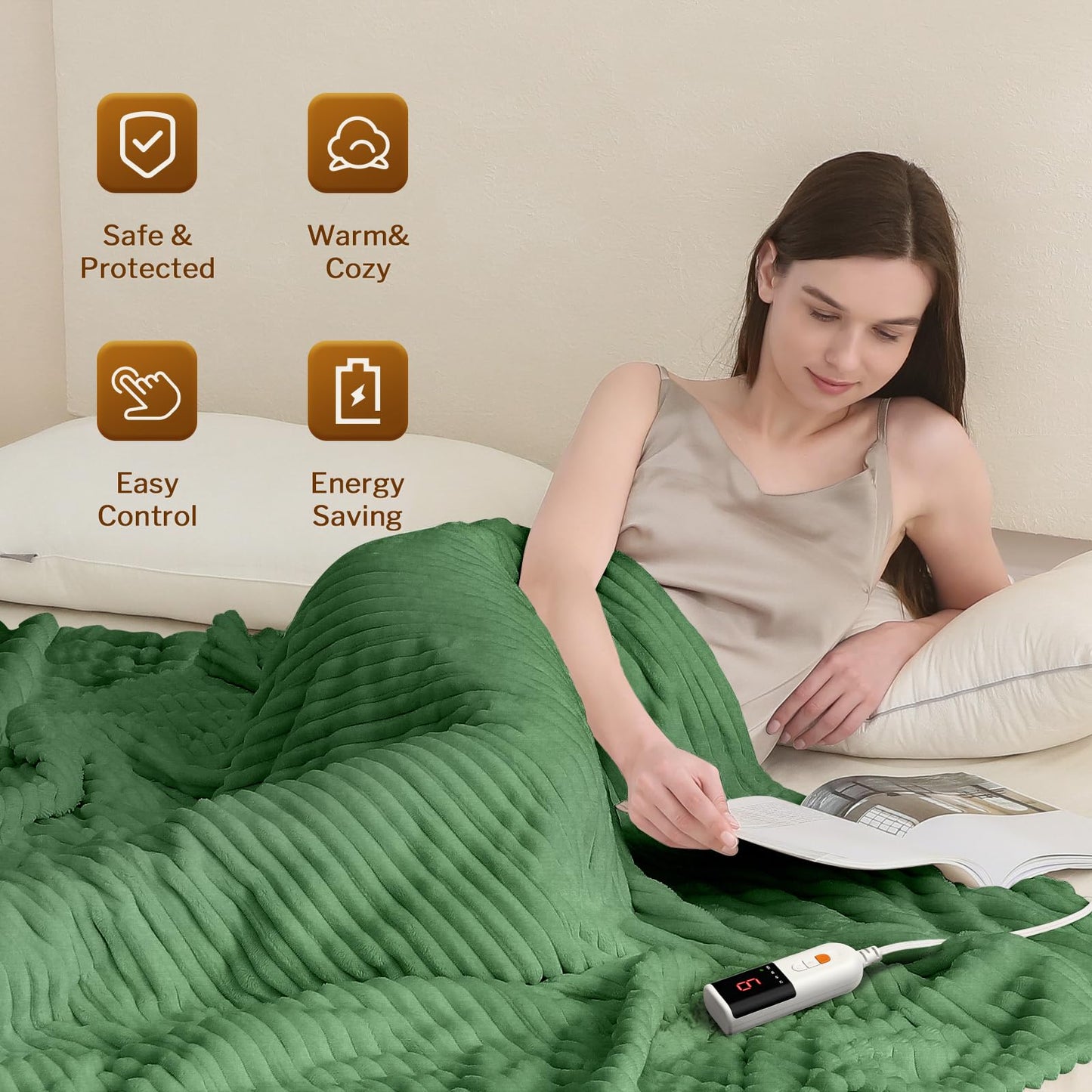 Reaks Electric Heated Throw Blanket, Silky Soft Flannel & Sherpa Heating Blanket Throw with 5 Heat Levels & 3 Hours Auto Off, Warm Gifts for Women Mom Grandma, ETL Certified (50x60 inches, White)