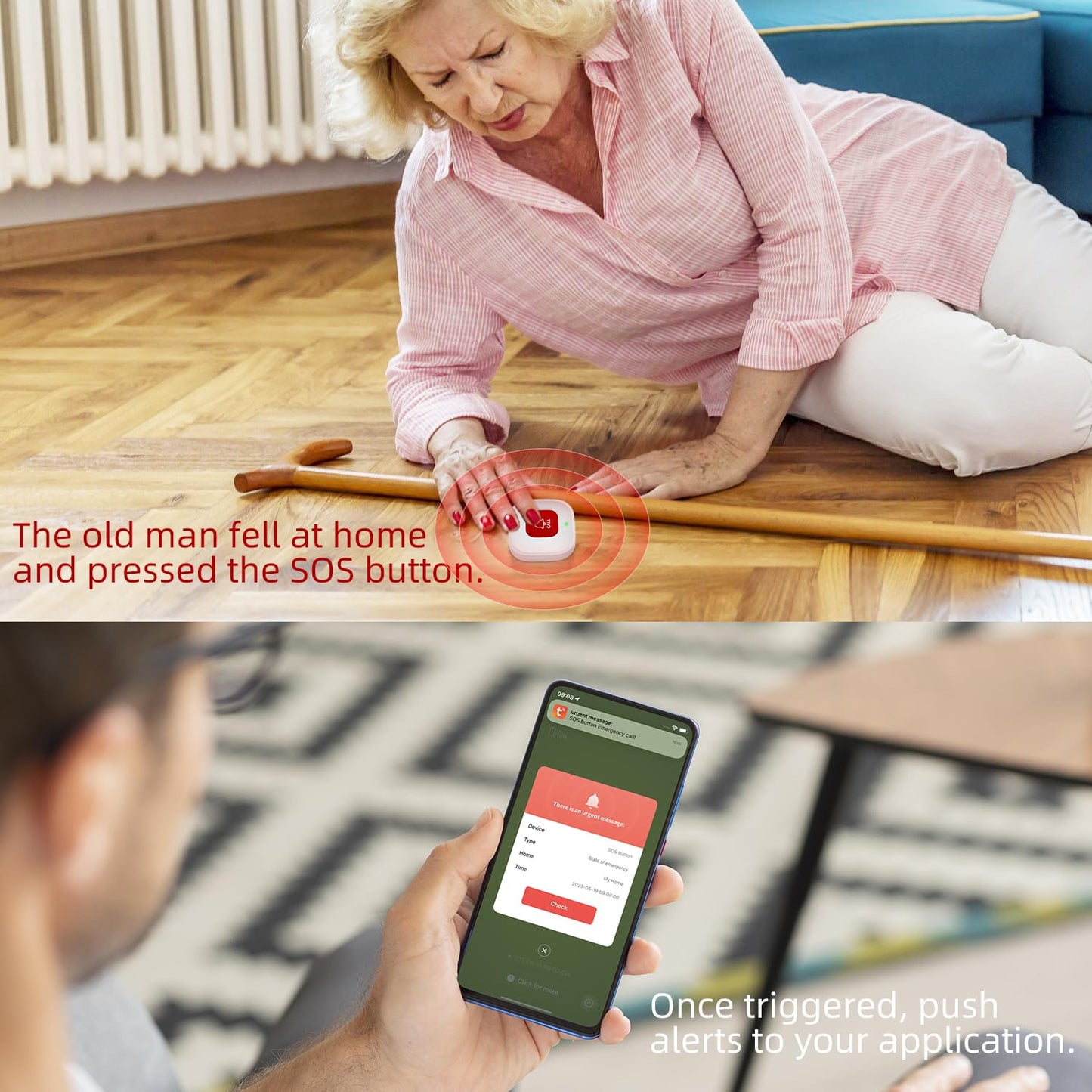 WiFi Caregiver Call Button for Elderly at Home w App Notification, Elderly Monitoring, Caregiver Pager, Life Alert Systems for Seniors No Monthly Fee,Compatible with Tuya Smart/Smart Life APP (1)