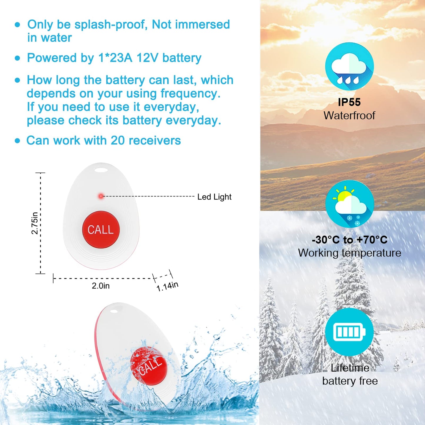 CallToU Wireless Caregiver Pager Waterproof Call Button Vibration Call Bell for Elderly at Home Disabled Patient Elderly Monitoring Nurse Calling 2 SOS Panic Buttons/Transmitters 500FT 2 Receivers