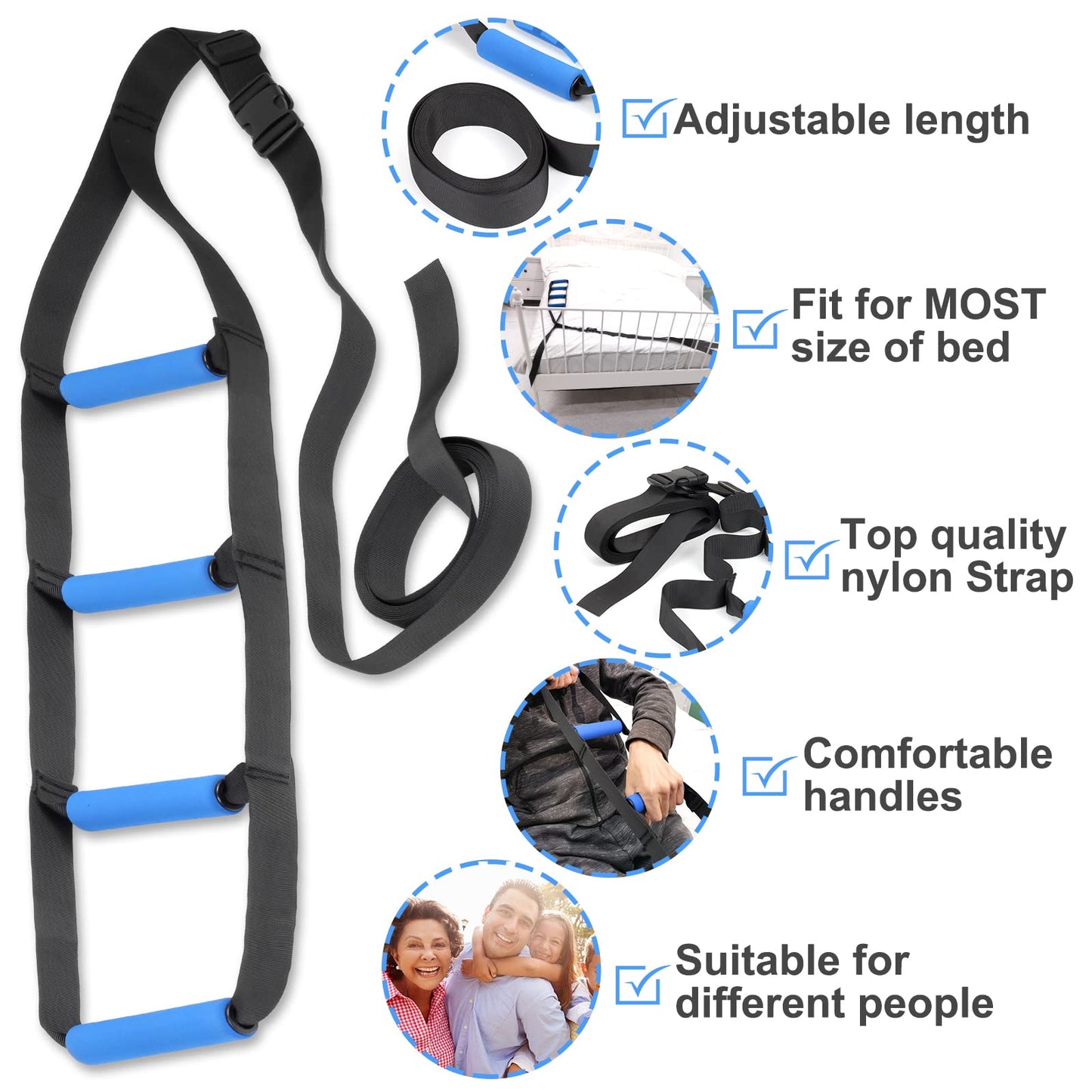 Bed Ladder Assist,Pull up Helper and Sit up Helper 4 Handle Grips,Bed Rail Assistance Devices Adjustable Length Bed Lift for Most Beds Mobility Aid for Elderly, Handicapped,Injured (95 INCHES)