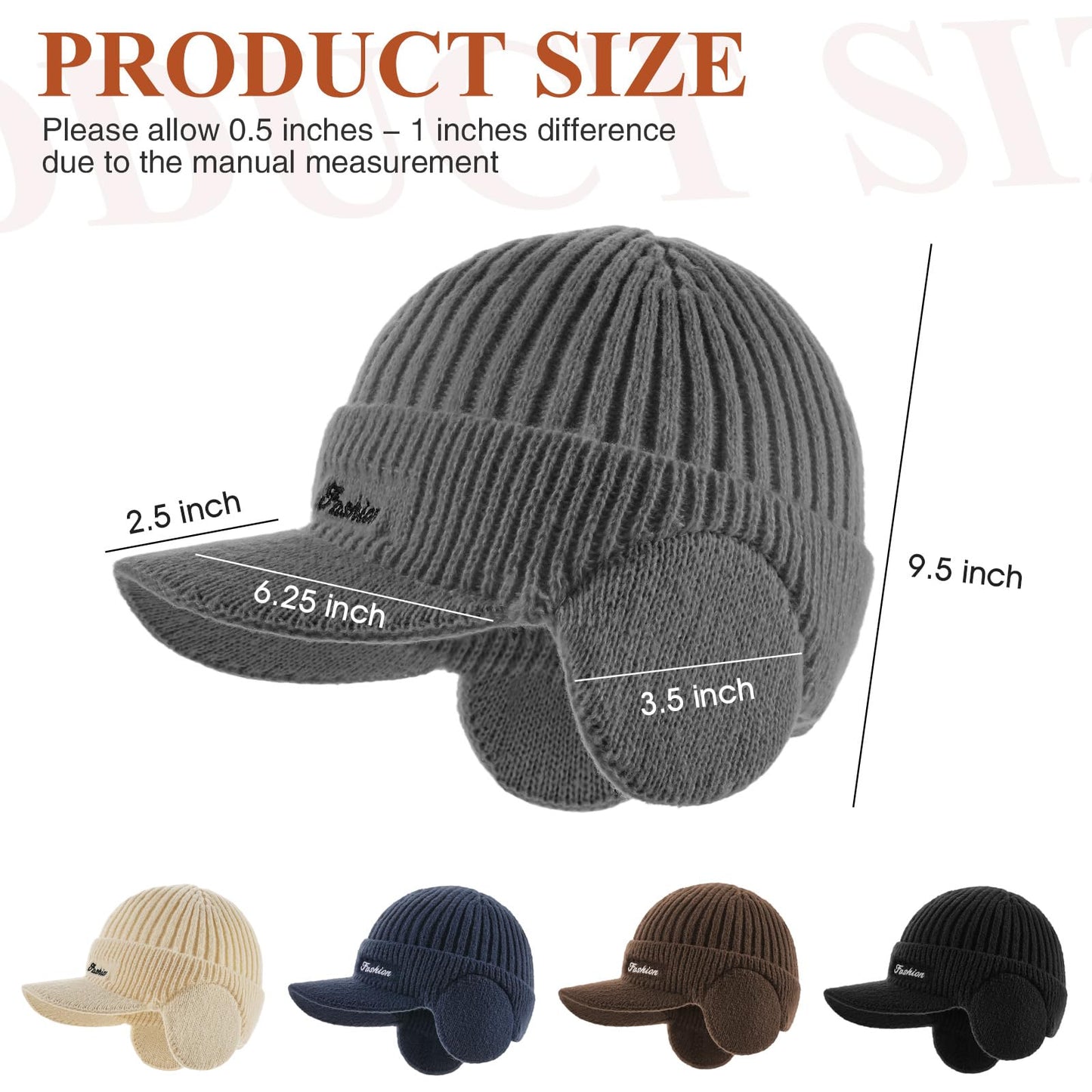 Winter Hat with Ear Flaps for Men, Beanie with Brim Hat Scarf Set, Warm Fleece Lined Skull Cap Neck Warmer for Women