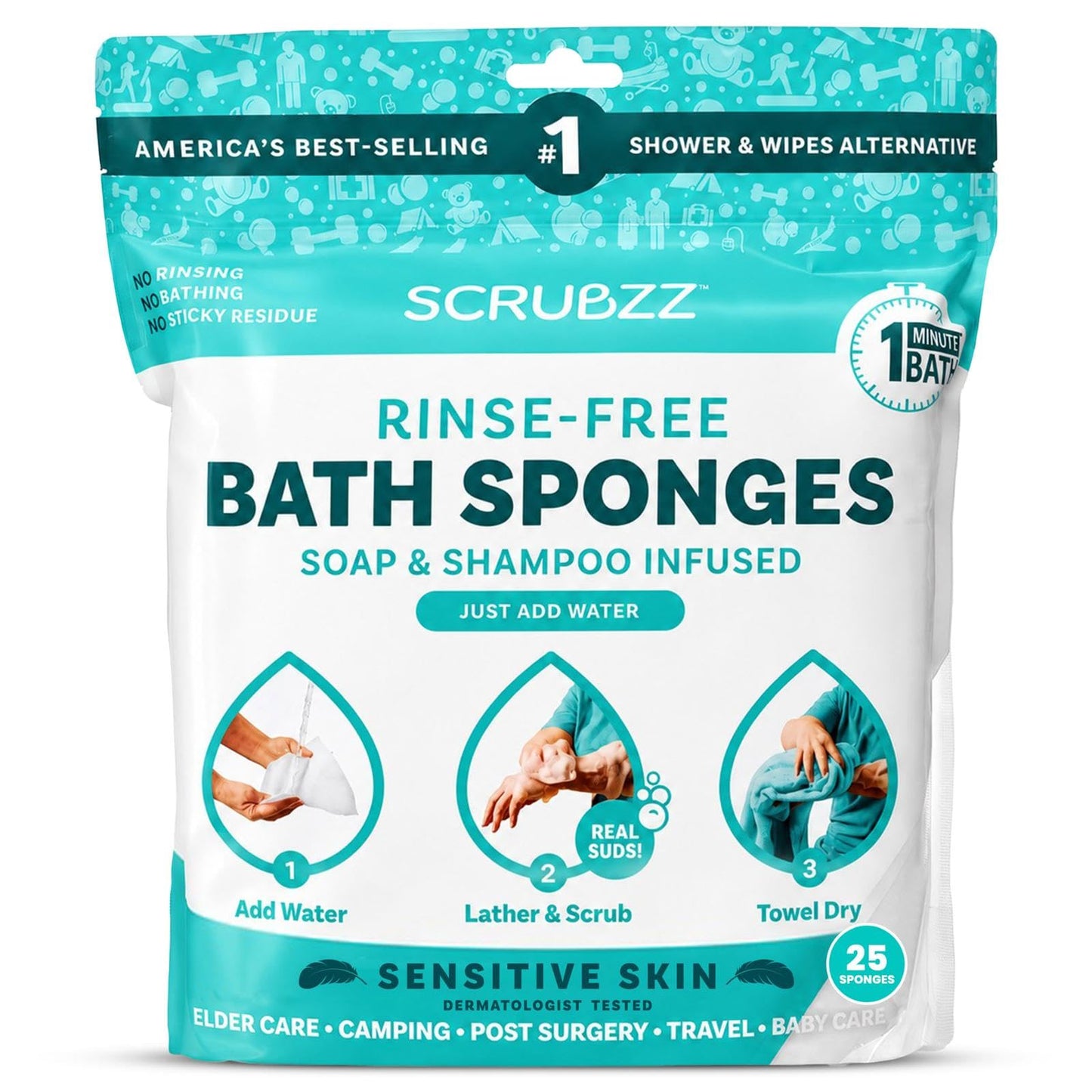 Scrubzz Disposable Rinse Free Bathing Wipes - 25 Pack - All-in-1 Single Use Shower Wipes, Simply Dampen, Lather, and Dry Without Shampoo or Rinsing