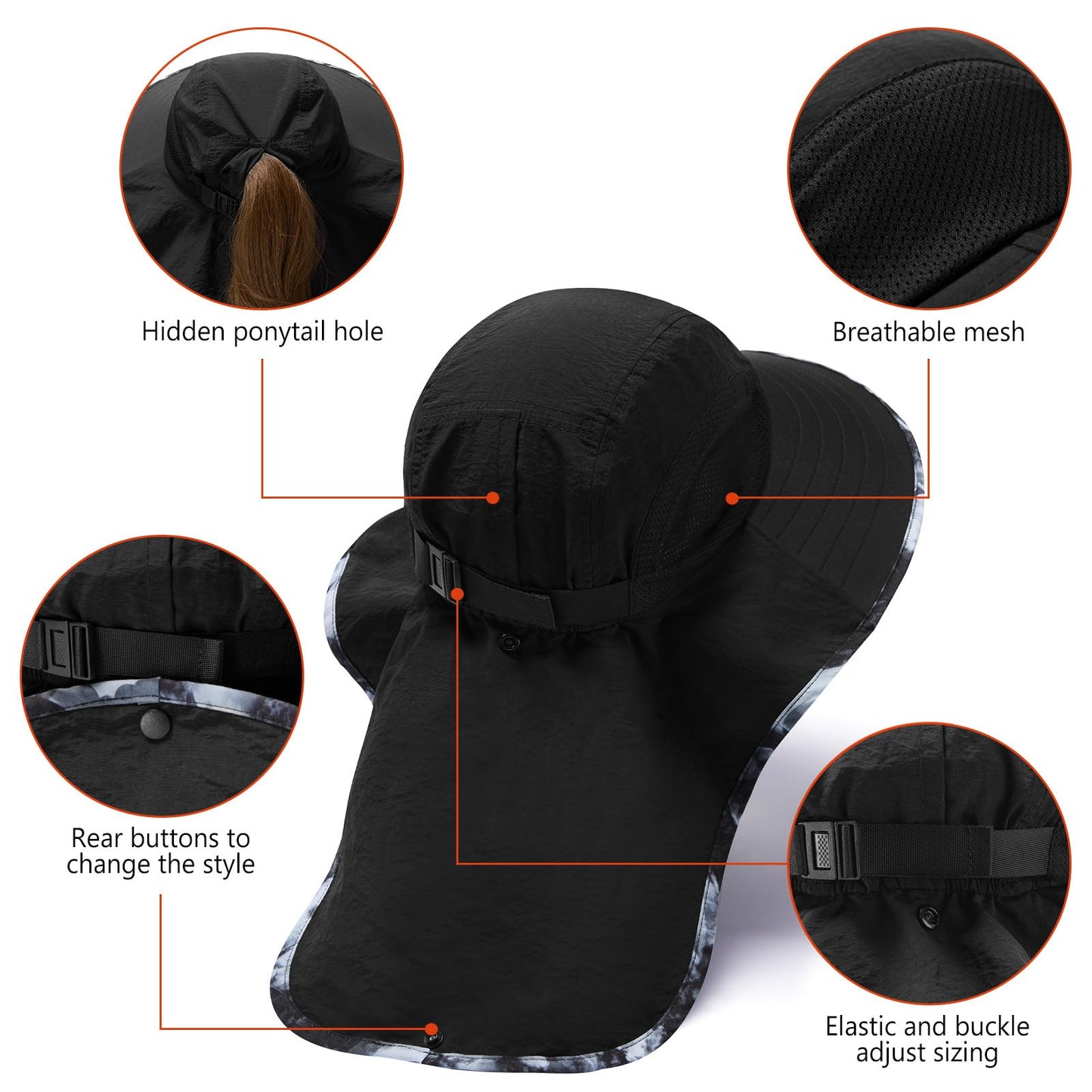 BASSDASH UPF 50+ Unisex Water Resistant Wide Brim Sun Hat with Large Neck Flap Ponytail Fishing Hat for Men Women