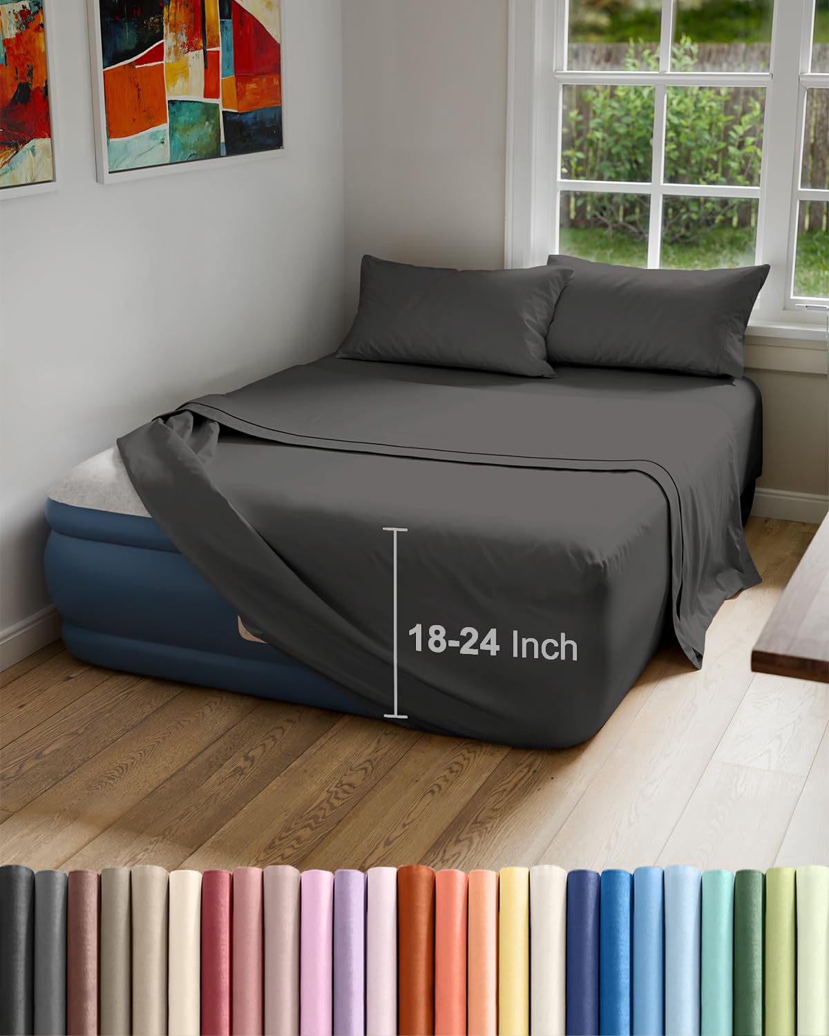 Air Mattress Sheet Set for Full Size - 4 Piece Breathable & Cooling Sheets w/Extra Deep Pockets - Fits Inflatable & Blow Up Air Mattresses Up to 24 Inches Thick - Soft and Wrinkle Free - Dark Grey