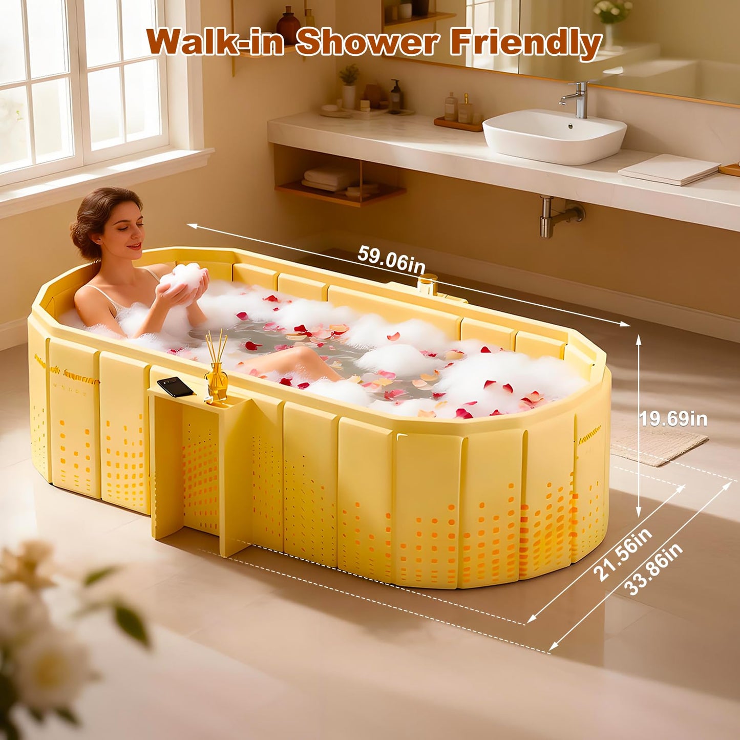 Portable Bathtub for Adult 59" Large Collapsible Cold Plunge Bathtub Foldable No Installation Ice Bath Tub for Shower Stall, Bathroom Hot SPA Soaking Standing Tub