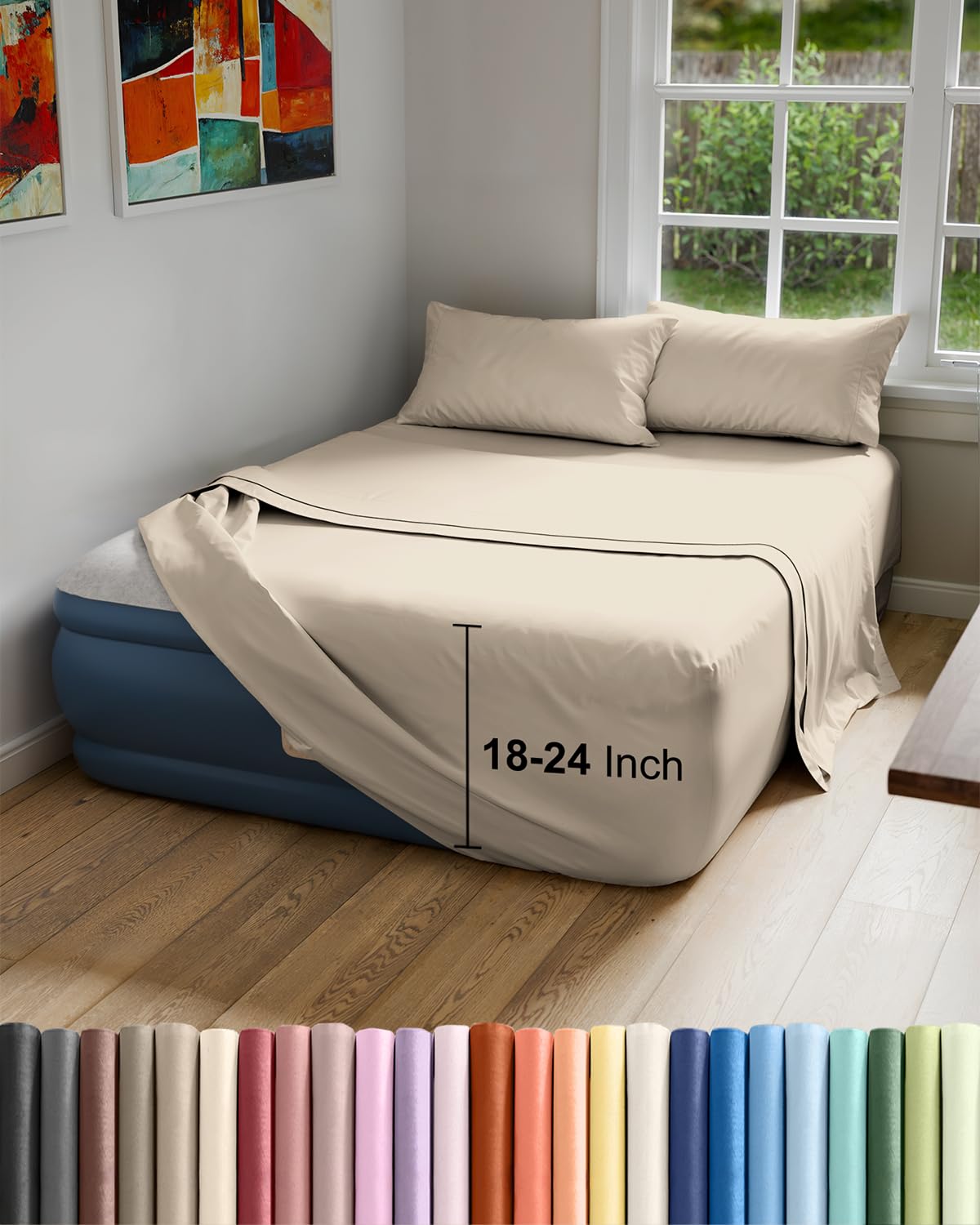 Air Mattress Sheet Set for Full Size - 4 Piece Breathable & Cooling Sheets w/Extra Deep Pockets - Fits Inflatable & Blow Up Air Mattresses Up to 24 Inches Thick - Soft and Wrinkle Free - Dark Grey