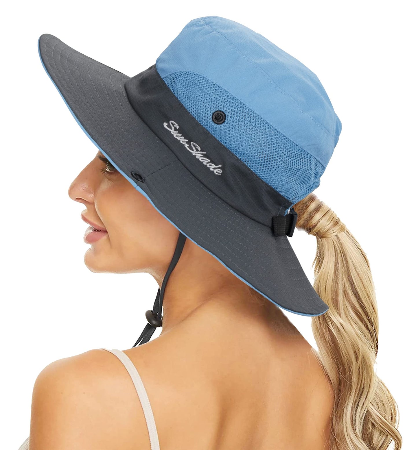 Women's Summer Sun-Hat Ponytail - Outdoor UV-Protection Mesh Wide Brim Foldable Hat with Ponytail Hole