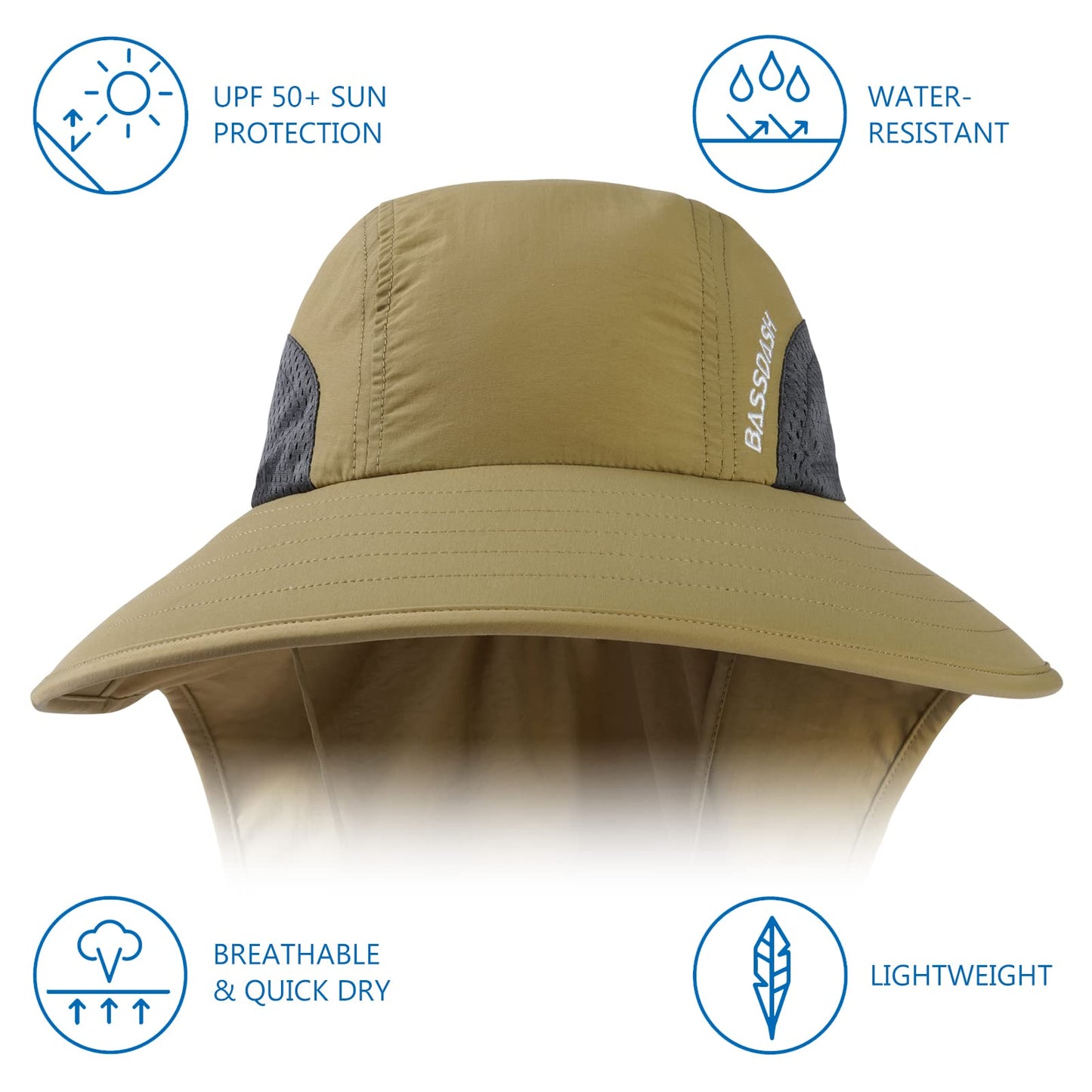 BASSDASH UPF 50+ Unisex Water Resistant Wide Brim Sun Hat with Large Neck Flap Ponytail Fishing Hat for Men Women