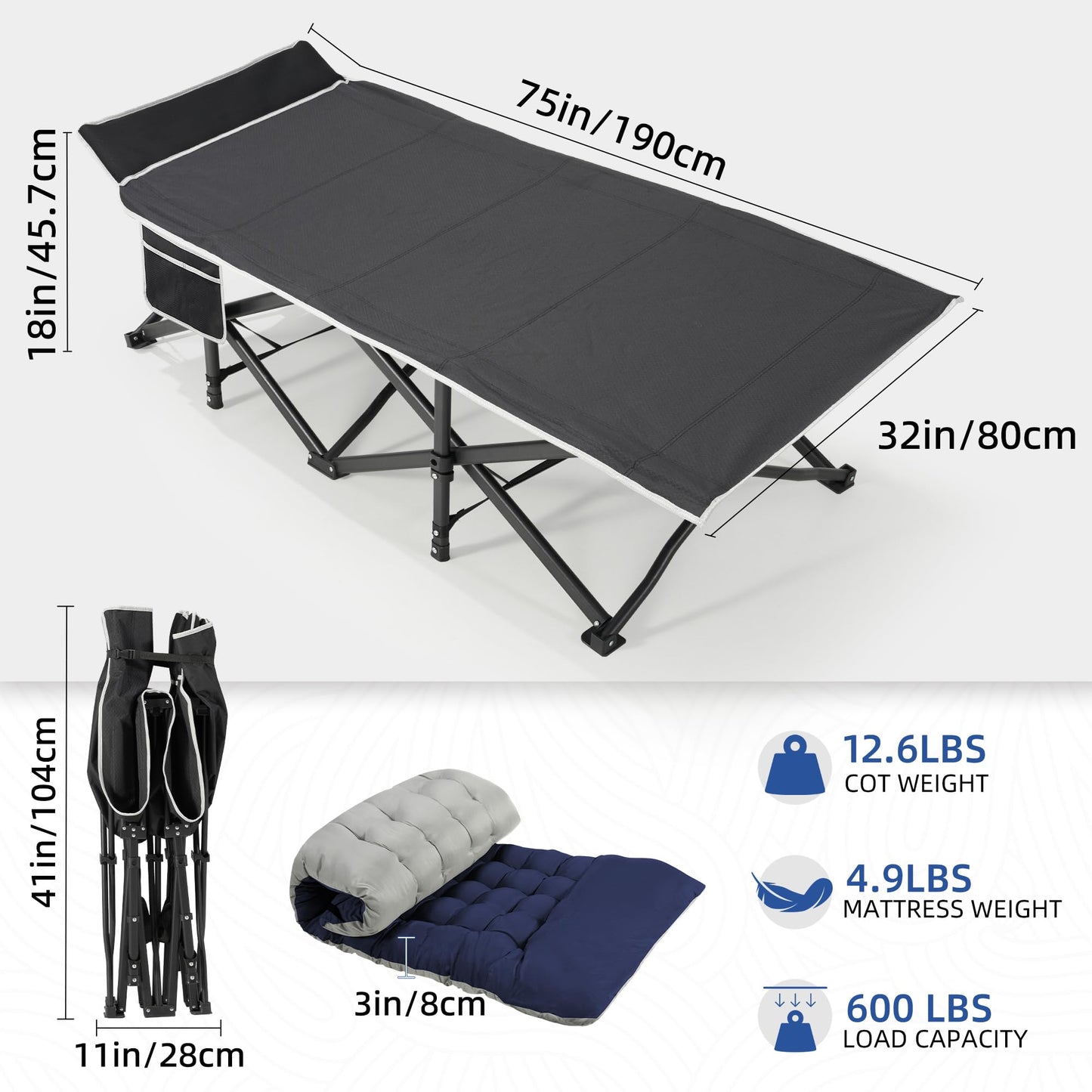 HABUTWAY Camping Cot with Mattress, 32" Extra Wide Camping Cots for Adults, Sleeping Cot for Adults Holds Up to 600LBS, Cots for Sleeping, Camp, Rv, Beach, Patio, Office Naps(Black)