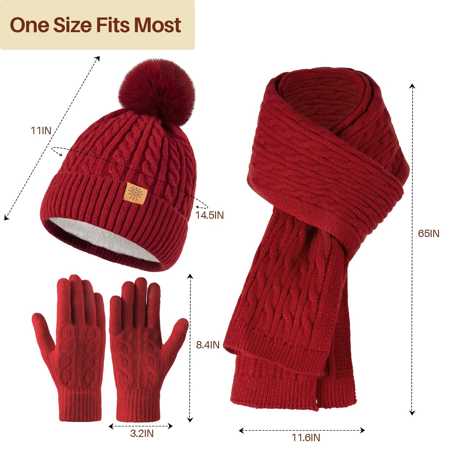 fauson Winter Hat Beanie Long Scarf Touchscreen Gloves Set, 3Pcs Fleece Lined Gloves Skull Cap Valentines Day Gifts for Her