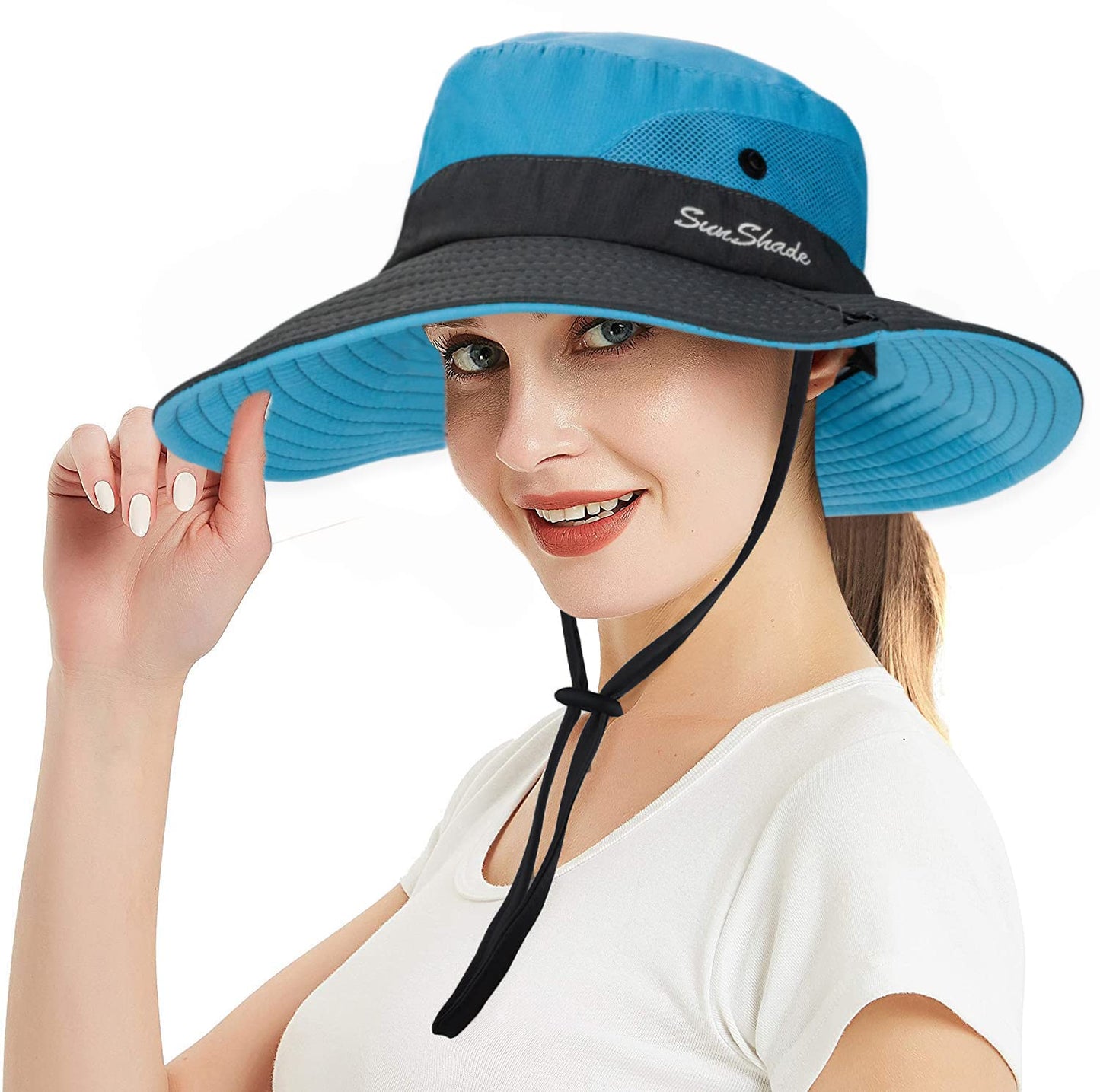 Women's Summer Sun-Hat Ponytail - Outdoor UV-Protection Mesh Wide Brim Foldable Hat with Ponytail Hole