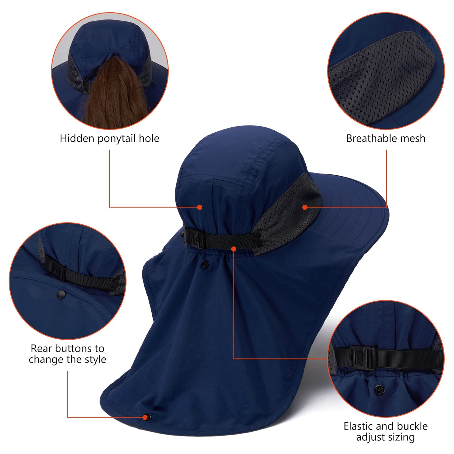 BASSDASH UPF 50+ Unisex Water Resistant Wide Brim Sun Hat with Large Neck Flap Ponytail Fishing Hat for Men Women