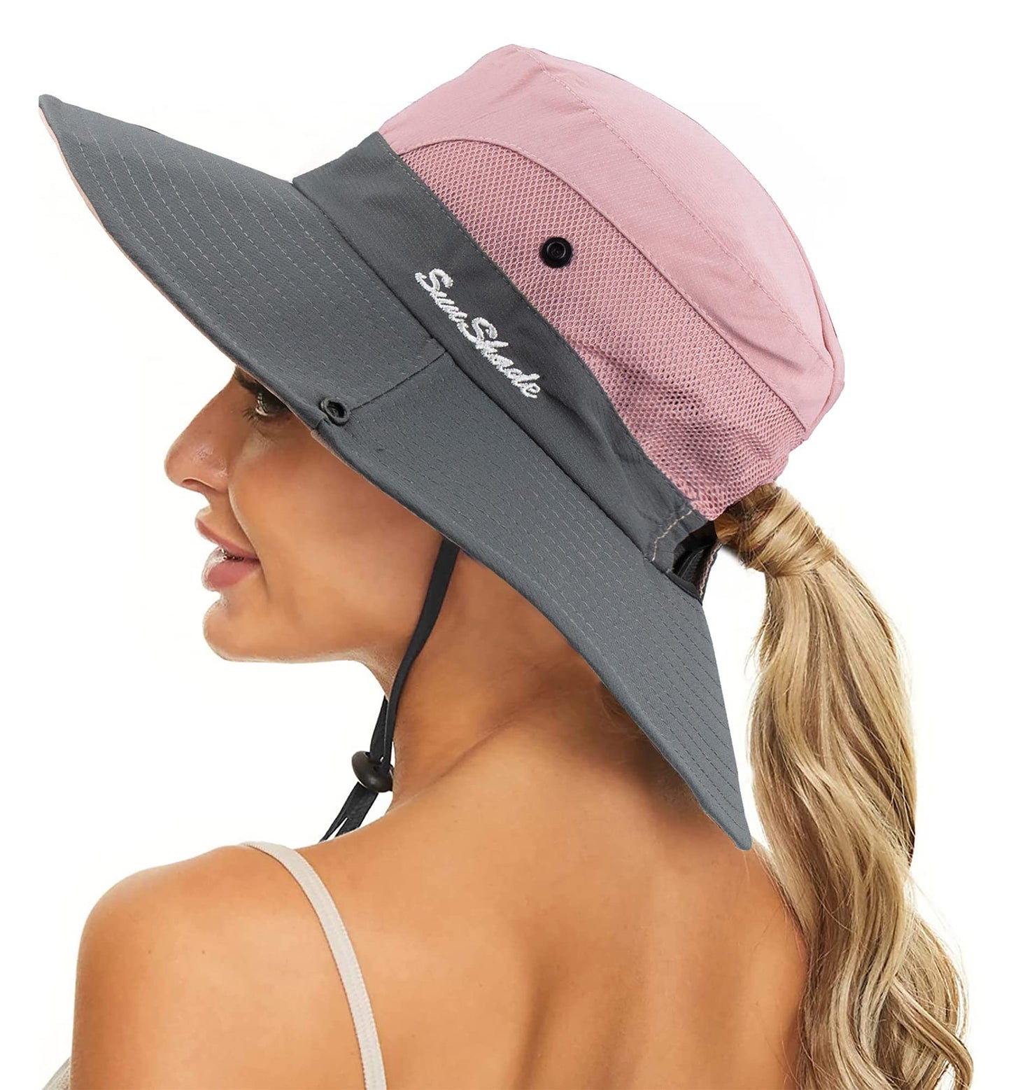 Women's Summer Sun-Hat Ponytail - Outdoor UV-Protection Mesh Wide Brim Foldable Hat with Ponytail Hole