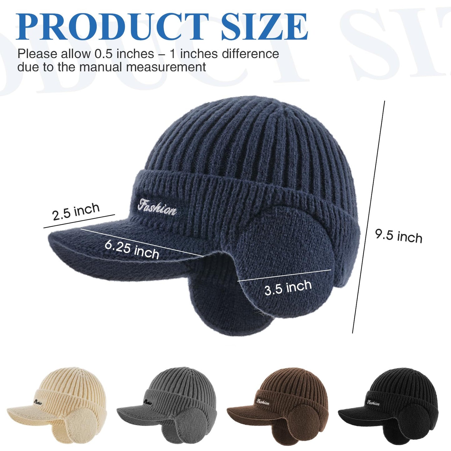 Winter Hat with Ear Flaps for Men, Beanie with Brim Hat Scarf Set, Warm Fleece Lined Skull Cap Neck Warmer for Women