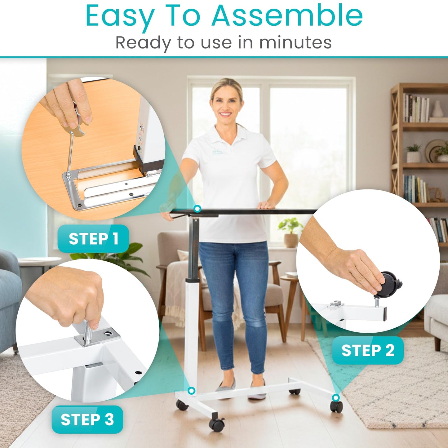 Vive Overbed Hospital Bed Table for Home Use - Adjustable Swivel Wheels & Tray for Over Bed - for Medical Bedside Chair - Adjustable Height, Tilt Top for Reading, Laptop, Bedridden, Elderly, Seniors
