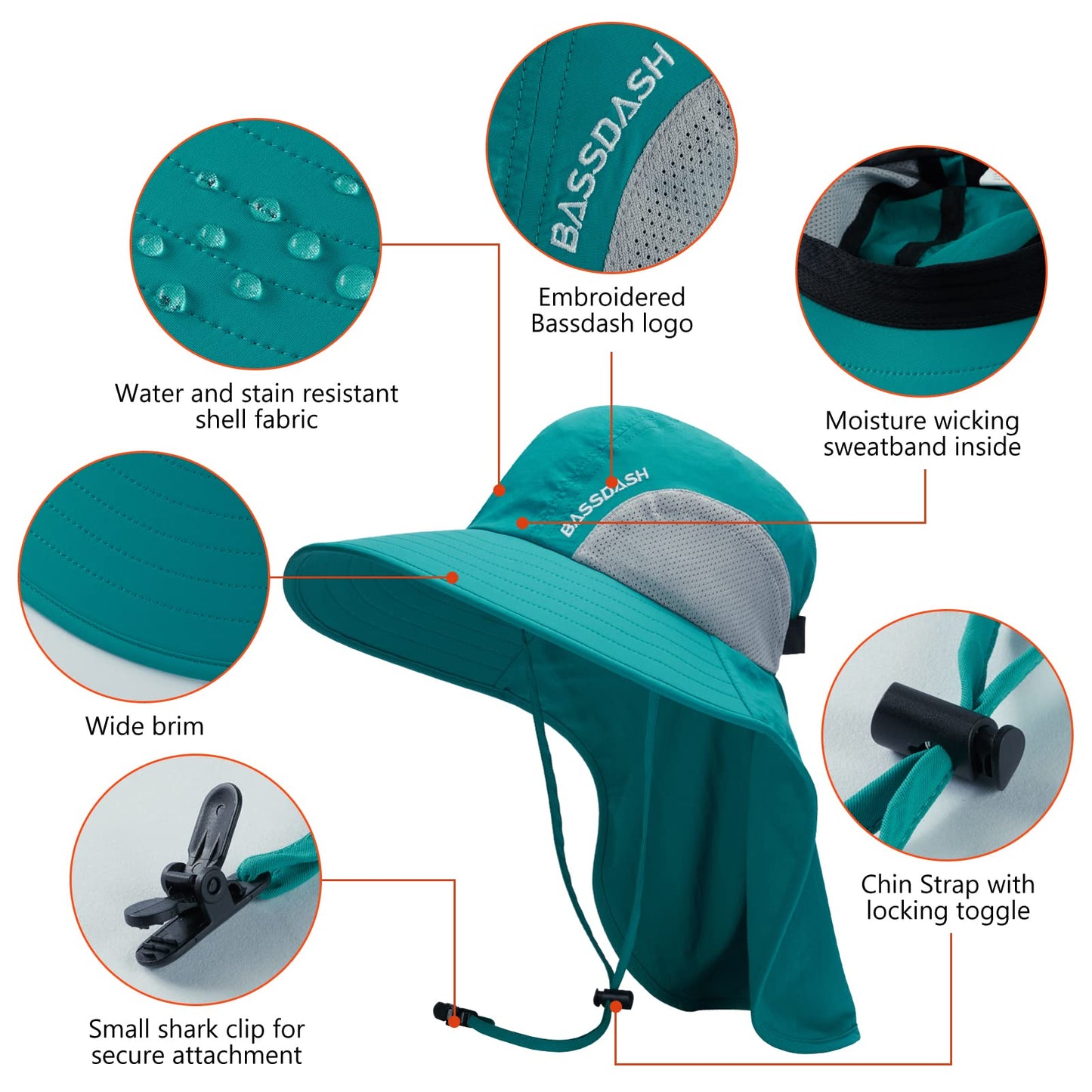 BASSDASH UPF 50+ Unisex Water Resistant Wide Brim Sun Hat with Large Neck Flap Ponytail Fishing Hat for Men Women
