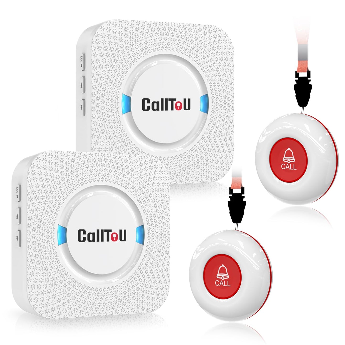 CallToU Wireless Caregiver Pager Smart Call System 2 SOS Call Buttons/Transmitters 2 Receivers Nurse Calling Alert Patient Help System for Home/Personal Attention Pager 500+Feet Plugin Receiver