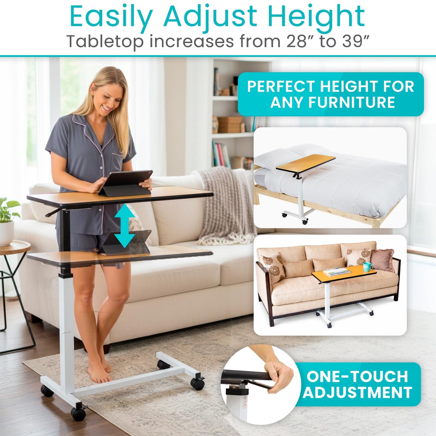 Vive Overbed Hospital Bed Table for Home Use - Adjustable Swivel Wheels & Tray for Over Bed - for Medical Bedside Chair - Adjustable Height, Tilt Top for Reading, Laptop, Bedridden, Elderly, Seniors